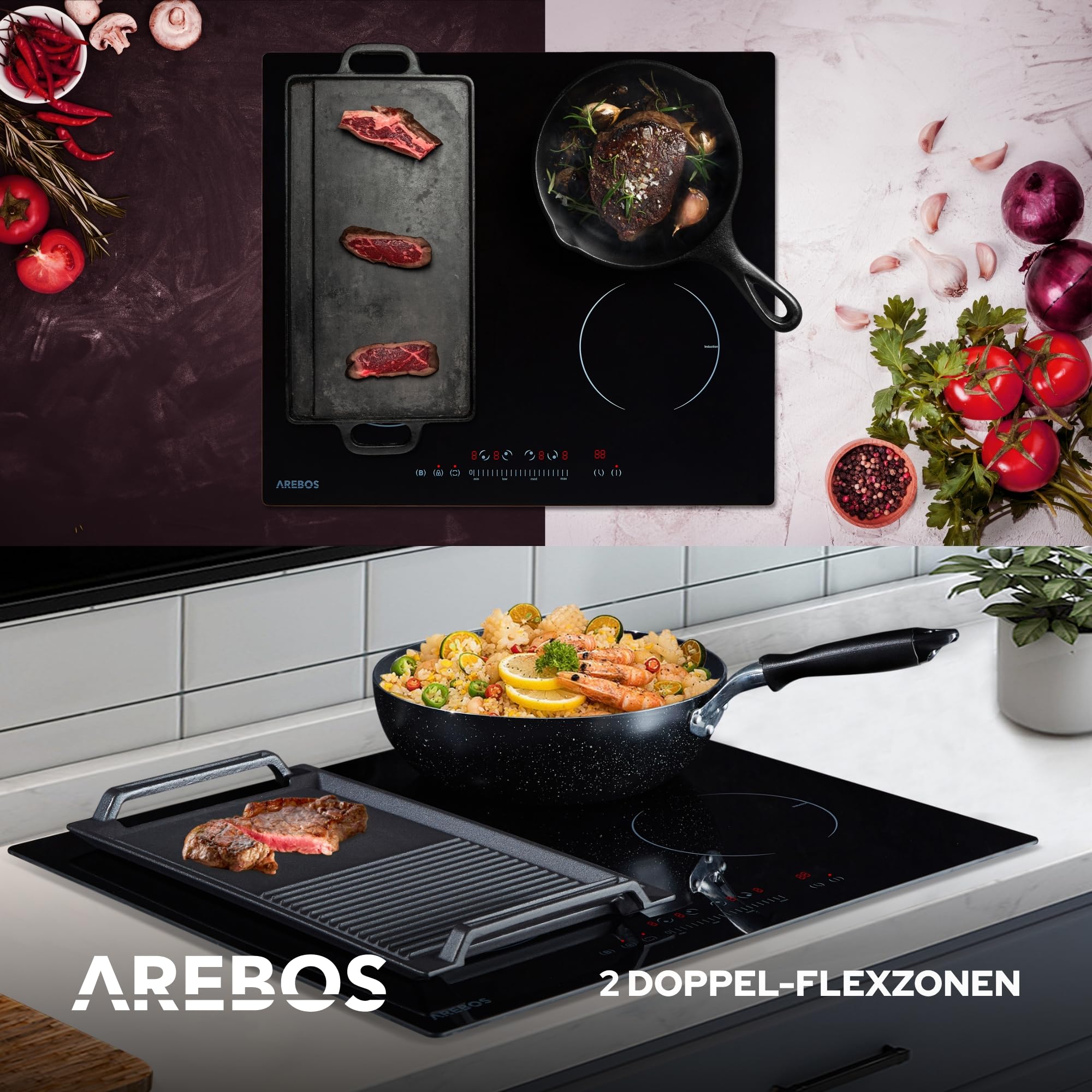 Arebos Induktionskochfeld mit Booster-Funktion | 7200 W | 4 Kochfelder Flexzone | 59 cm | Autark Schnellaufheizung | mit Sensor Touch, Timer, Kindersicherung, Überhitzungsschutz, Autoabschaltung