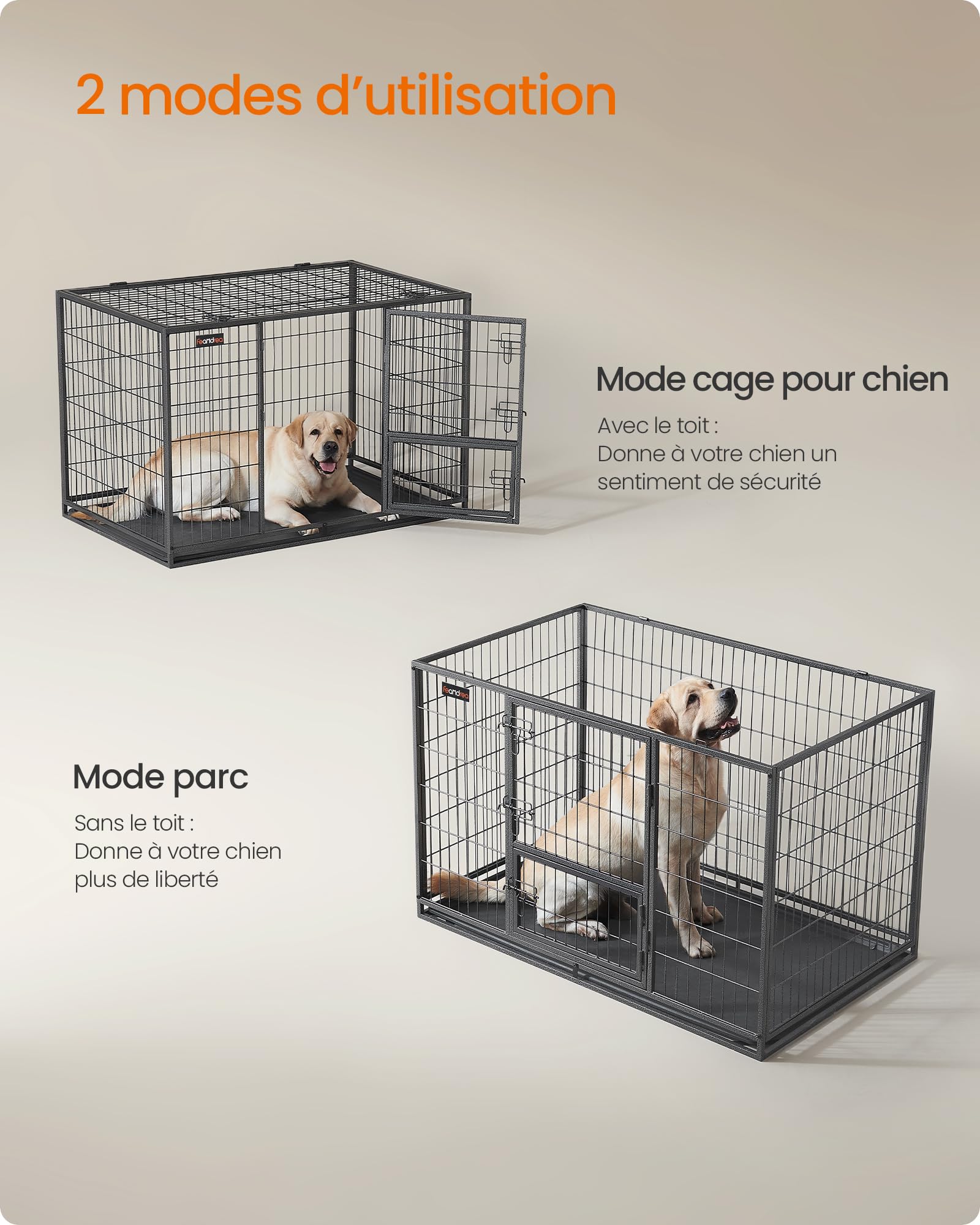 Feandrea Cage pour Chien Lourd, 122 x 74,5 x 80,5 cm, pour Chiens Moyens et Grands, Double Porte Amovible, XXL, Gris PPD003G01