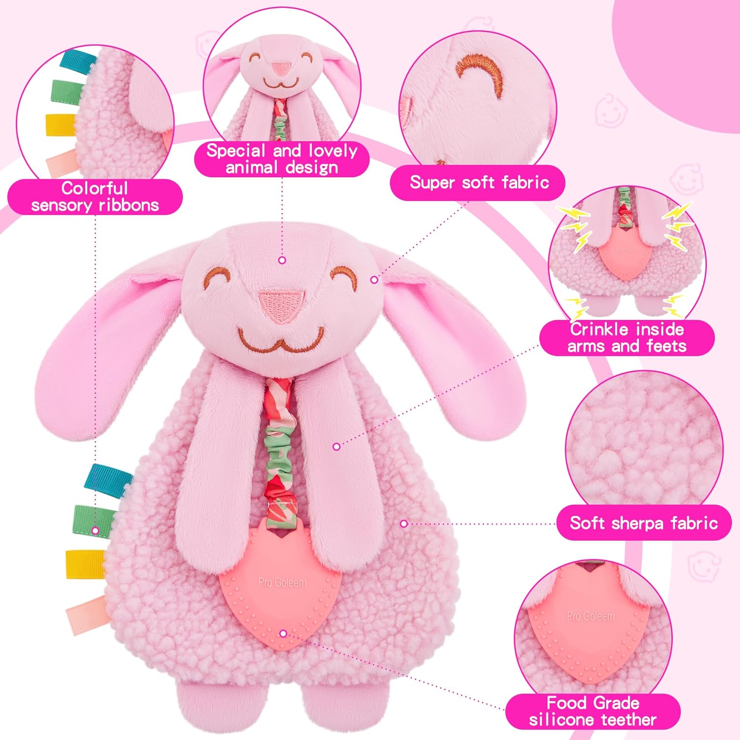 Pro Goleem Baby Easter Basket Stuffers Bunny Loveys for Babies Girl and Boy, Baby Lovey with Teether, Baby Toys 0 3 6 9 12 Months, Safety Teething Toys for Babies Infant Newborn and Toddler Gifts