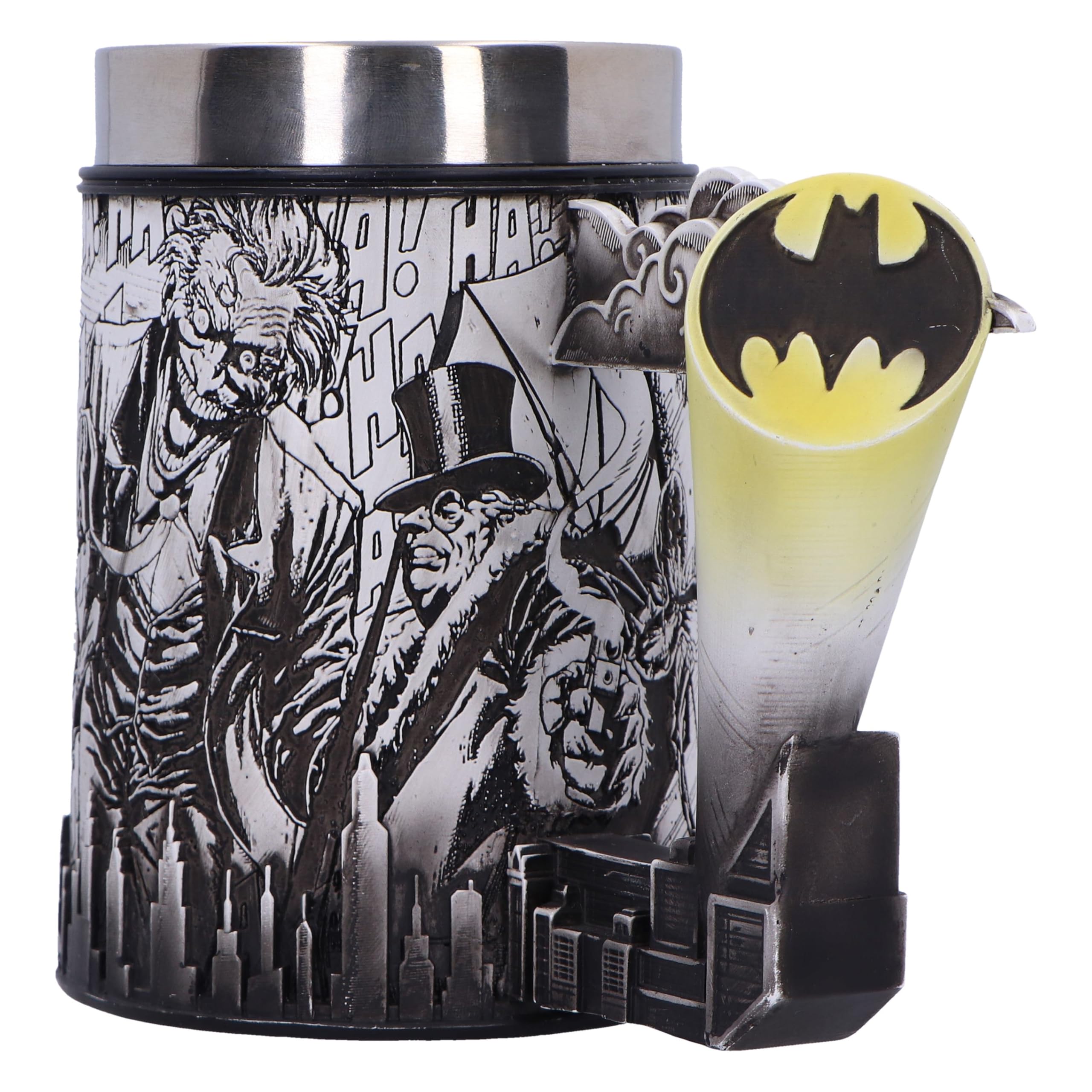 Nemesis Now Chope à bière Batman Super Villains Comic Strip en résine, noire, tasse à bière officielle DC Batman, insert amovible en acier inoxydable, coulée dans la meilleure résine, peinte à la main