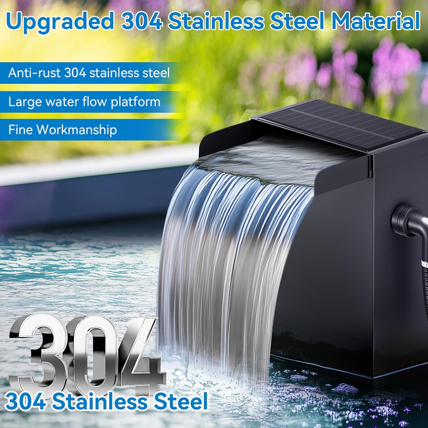 POPOSOAP Pond Waterfall Spillway with Blue Led Light, 304 Stainless Steel Pondless Waterfall Kits with 9.8FT Corrugated, Pond Spillway with 40W 660GPH Pump for Pondless Feature System