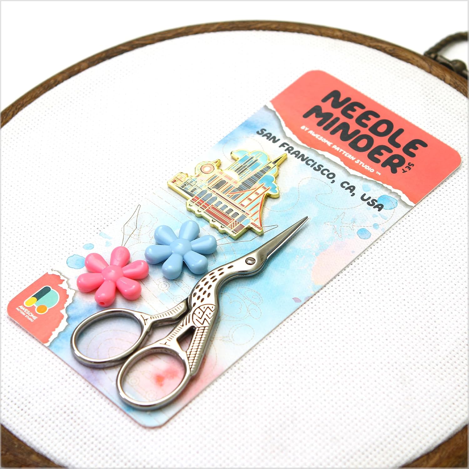 Awesome Pattern Studio Needle Minder Set - San Francisco Magnetic Needle Minder + 2 Needle Threaders + Crane Scissors. Enamel Pin for Cross Stitch, Embroidery and Craft