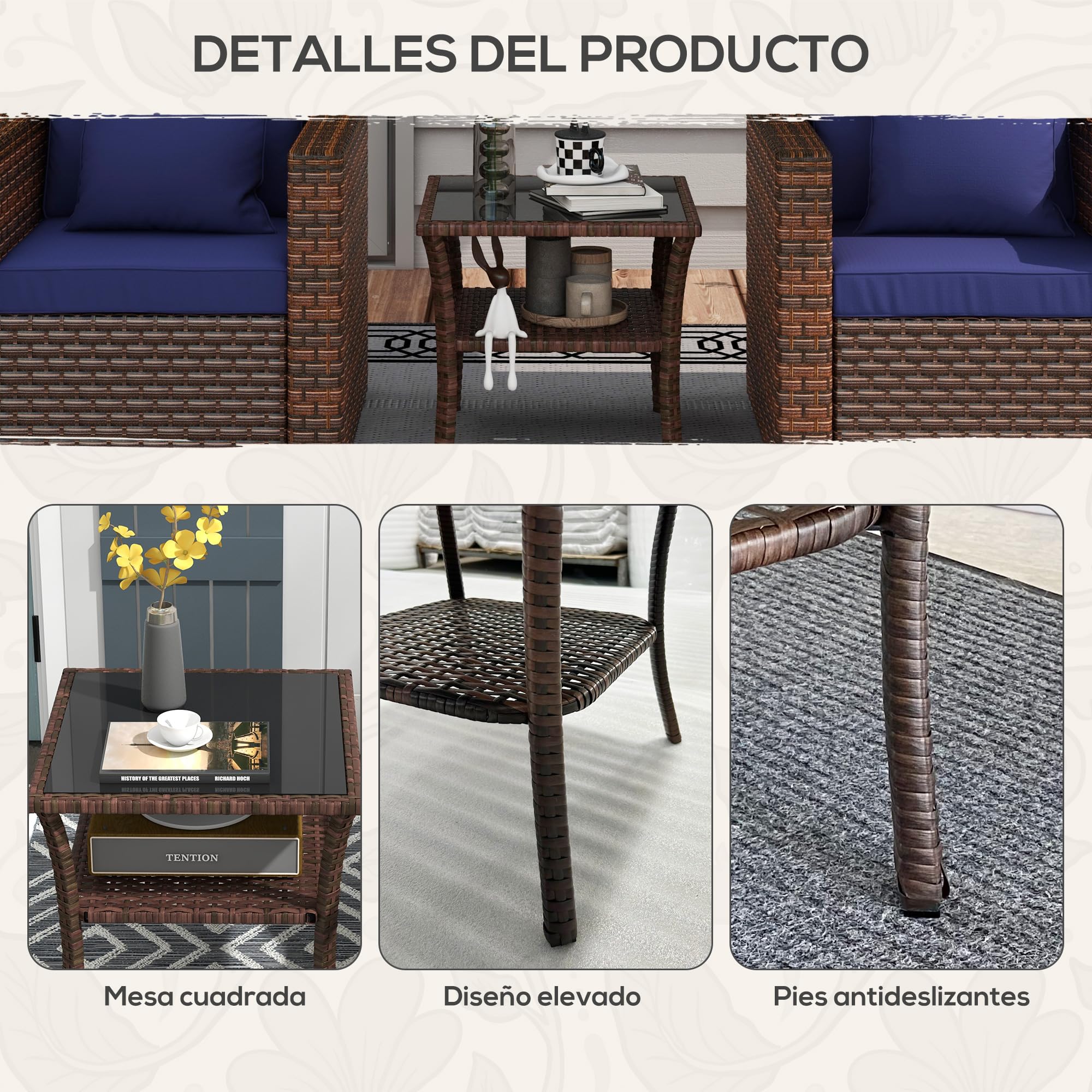 Outsunny Mesa de Ratán Sintético Cuadrada 50x50x45 cm con Estante Marrón | Mesita Exterior Pequeña, Encimera de Vidrio y Marco de Acero, Carga 30 kg, para Terraza Patio