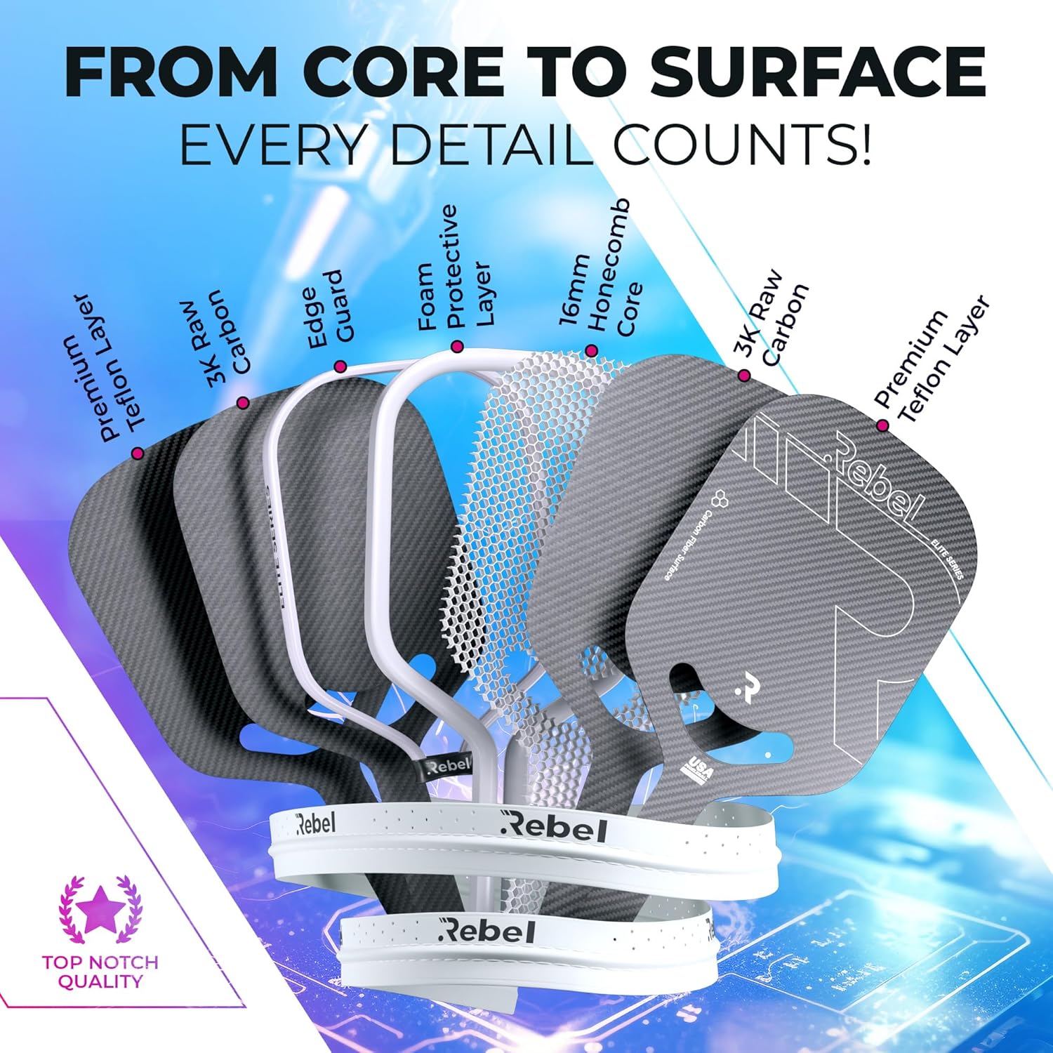 Pickleball Paddle Carbon Fiber | Professional Carbon Fiber Pickleball Paddle | 16mm Polymer Core | Designed for Maximum Control and Power | USAPA Approved | Designed in San Diego - Image 2