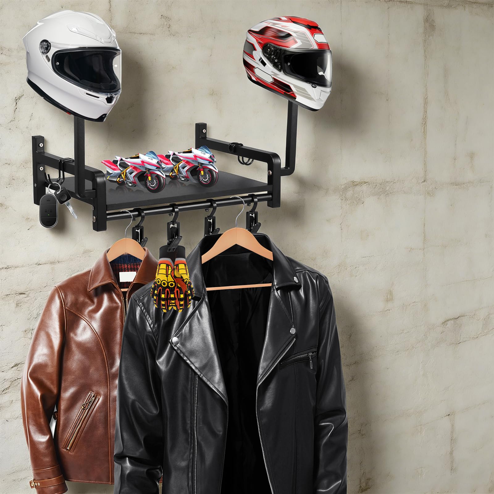 Helmhalterung Wand, Motorradhelm Halterung Display Organizer mit 2 Hutständern, Helmhalter Wandhalterung mit 4 Motorrad Handschuhhaken,Motorradkleidung Aufbewahrung für Fußballmotorräder(schwarz)