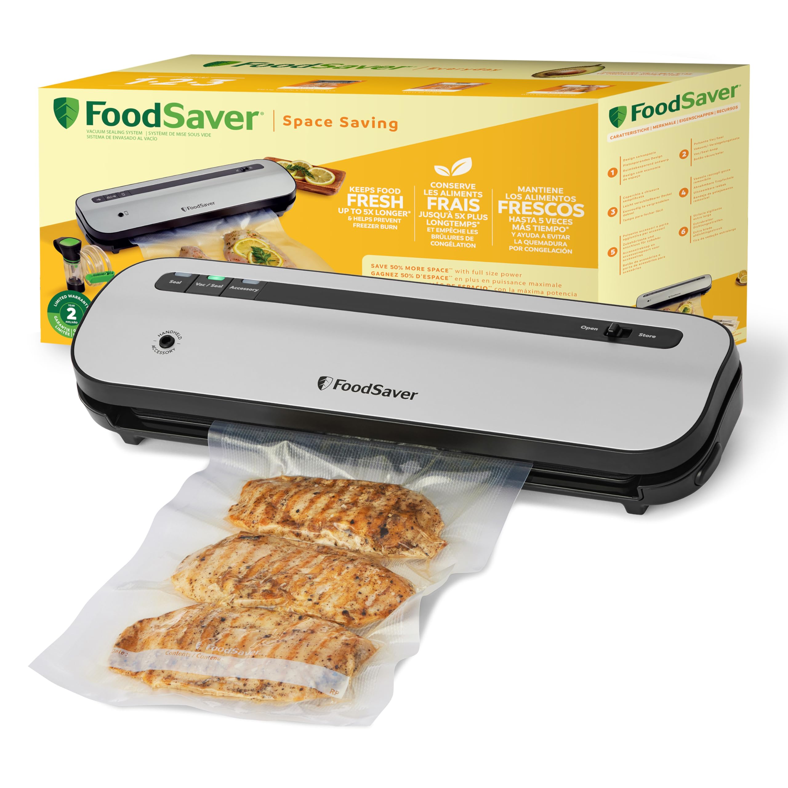FoodSaver Envasadora al vacío | Mantiene el alimento fresco hasta 5 veces más*|Ahorra un 50% más espacio** | 1 rollo (28cm x 2,​43m), 2 bolsas de sellado (0,​94L), 2 bolsas con cierre (0,​94L) | VS1290X