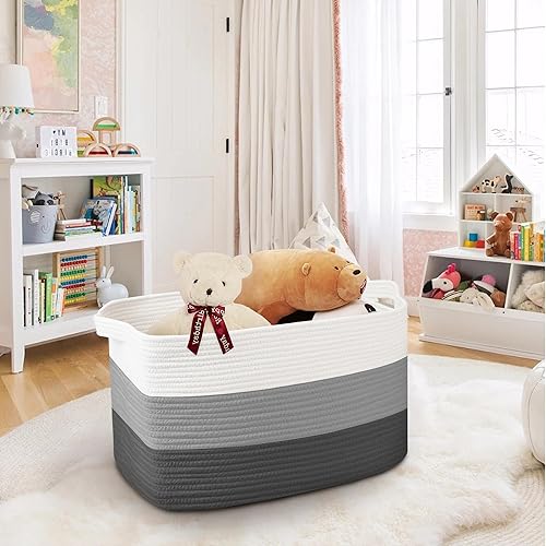 Miniatura 4 de Extra Large Cotton Rope Basket, Rectangle Wicker Baby Laundry Basket, Woven Storage Basket for Blankets, Toys, Dirty Clothes, Living Room Nursery