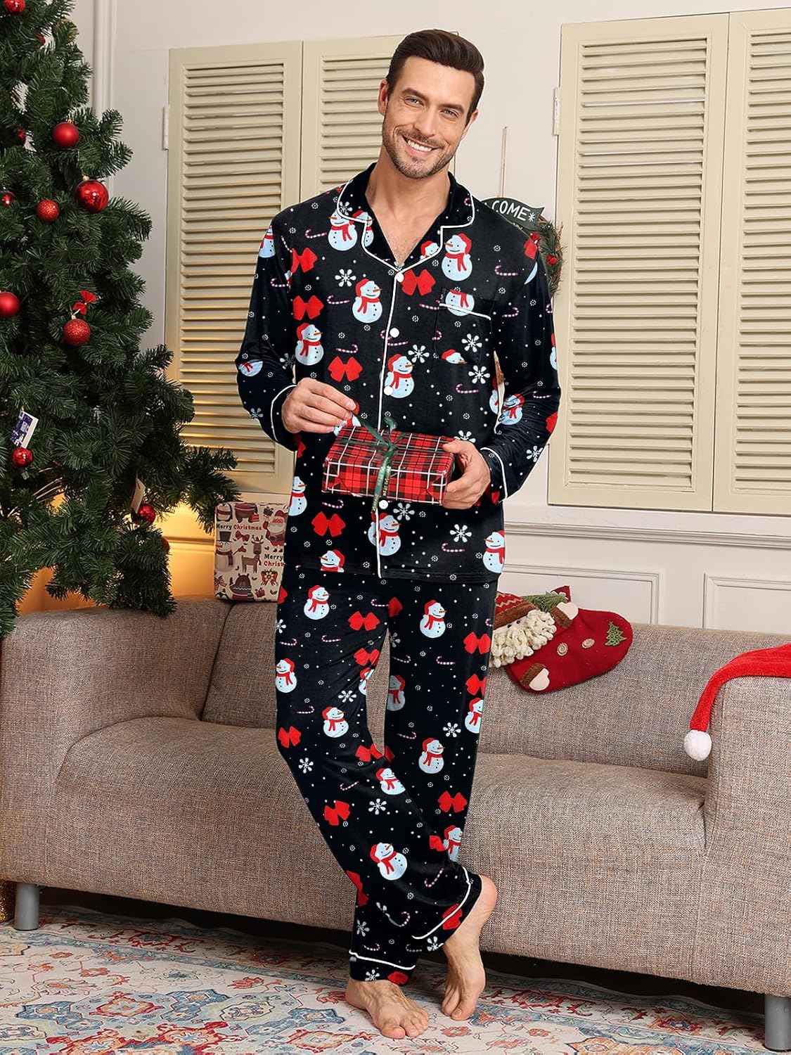 Christmas Pjs For Couple Modal Pajama Set Long Sleeve Soft Sleepwear Cute Loungewear Men Black-Snowman XXXL - Image 5