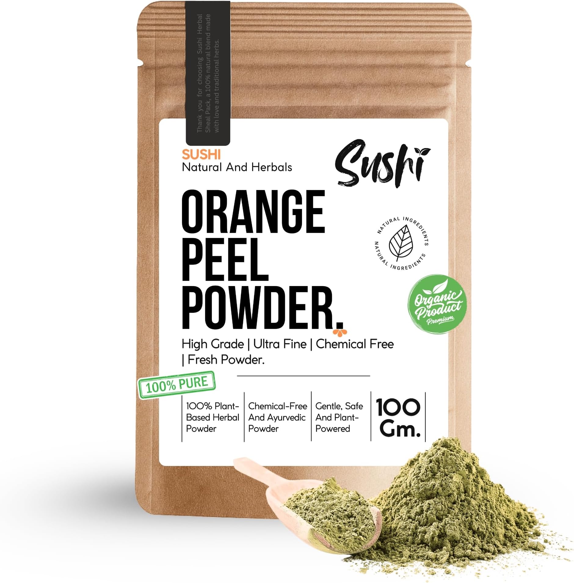 Sushi Orange Peel Powder | Natural Skin Brightening & Face Pack Ingredient | Organic Food Grade | Pure Dried Orange Fruit Peel Powder | Pack of 1 | 100gm