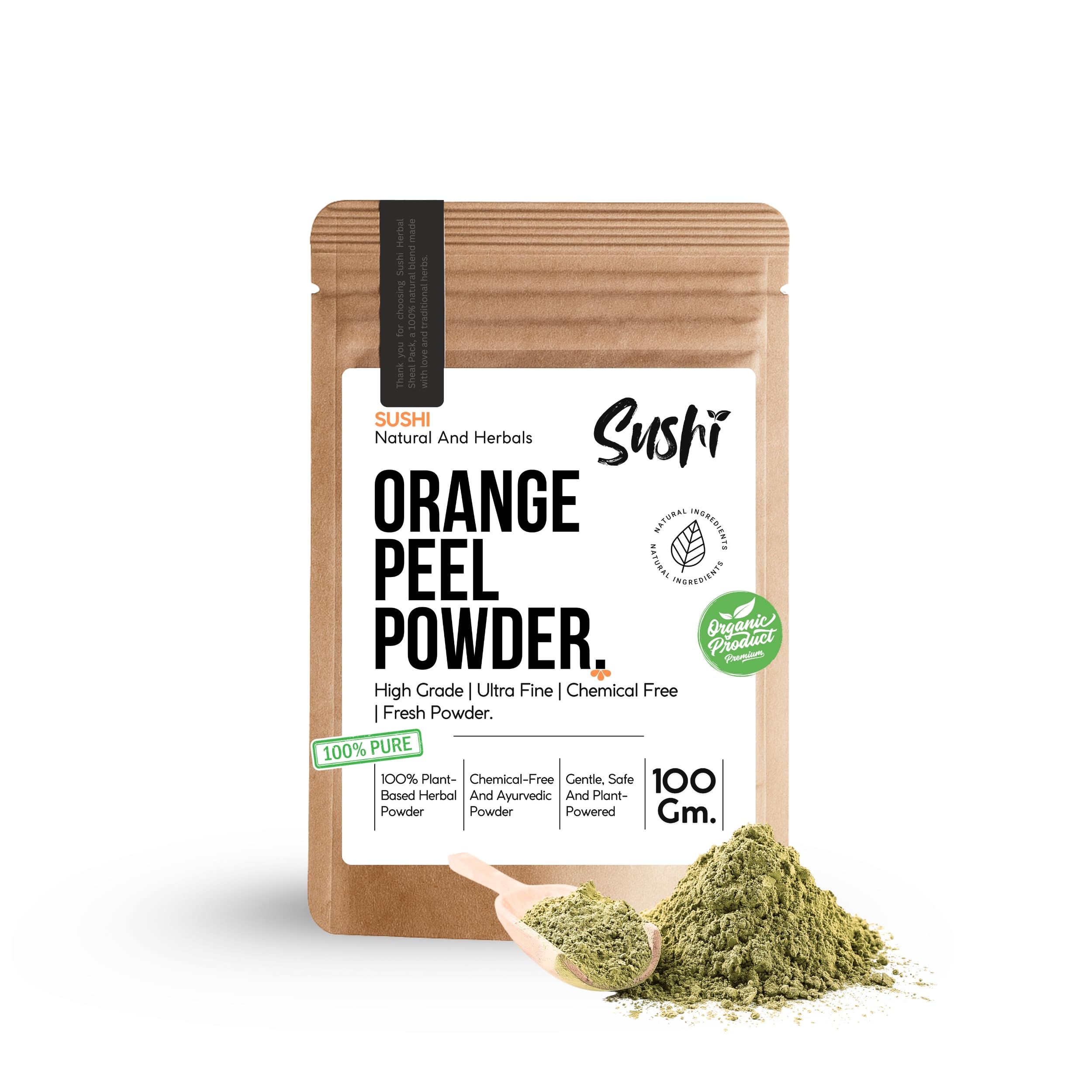 Sushi Orange Peel Powder | Natural Skin Brightening & Face Pack Ingredient | Organic Food Grade | Pure Dried Orange Fruit Peel Powder | Pack of 1 | 100gm