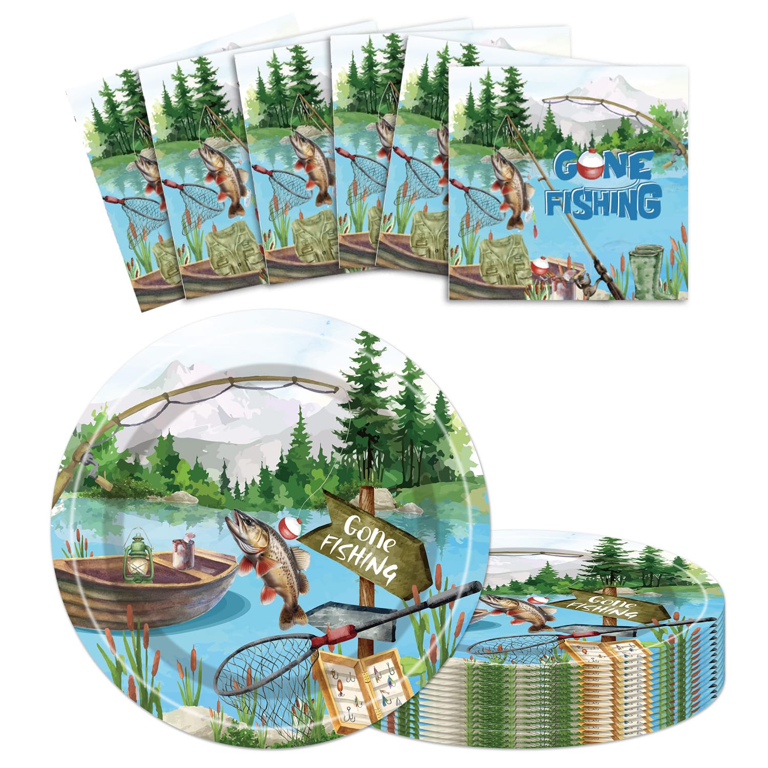Gone Fishing Party Plates and Napkins Set for 25 Guests, Disposable Paper Dinner Plates with Matching Napkins, Fishing Themed Tableware for Birthday Parties, Outdoor Gatherings and Lake Celebrations