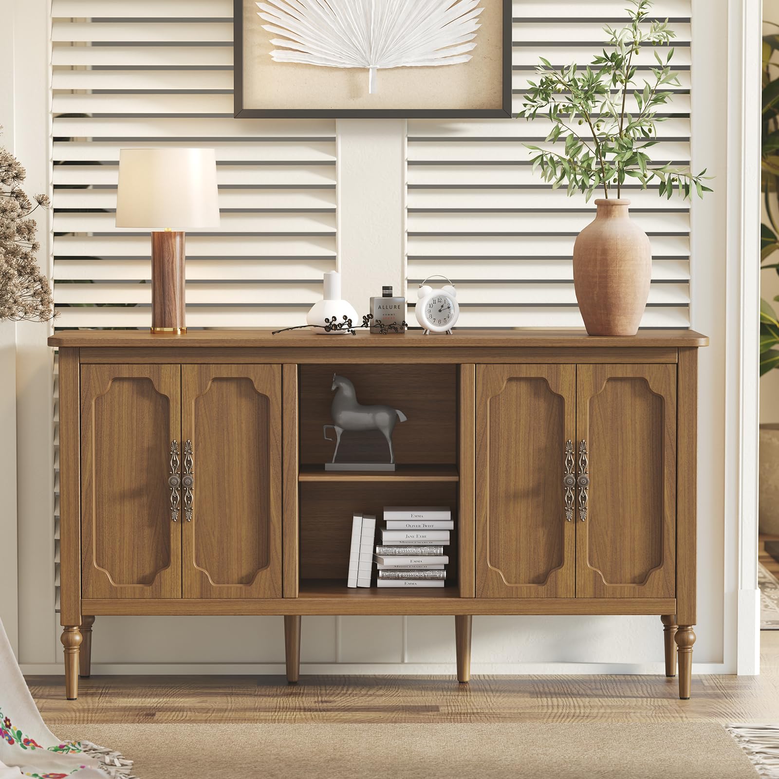 HOLTICO Kommode mit 4 Türen und Offenes Schrank, Vintage Akzent Sideboard Buffet Schrank Holz, Braun Kommoden & Sideboards für Wohnzimmer, Esszimmer, Küche