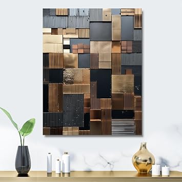 DesignQ Brown Mosaic Tile Charm Abstract Tile Metal Wall Art, Modern Metal Art Decor For Living Room - 12x20 Inch
