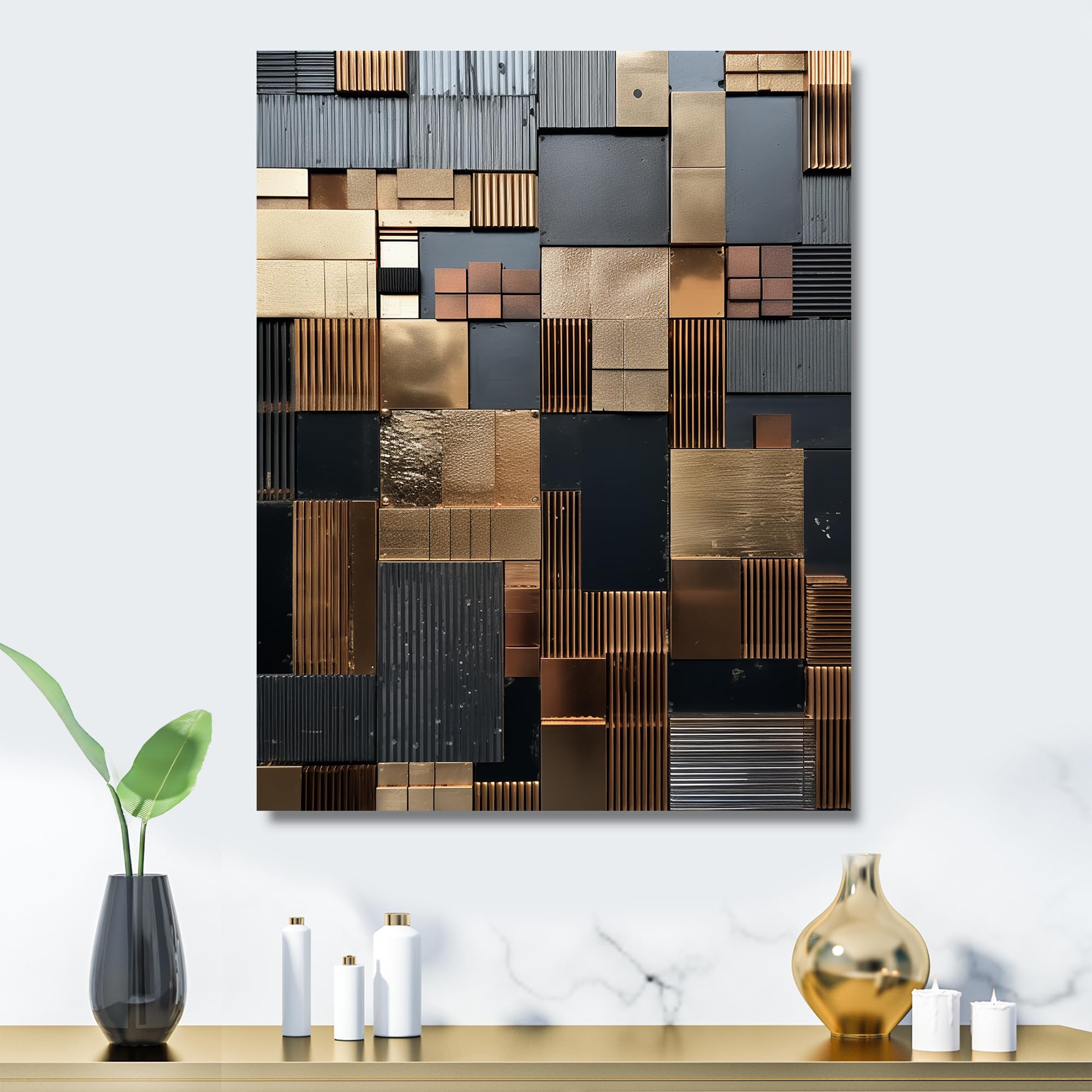 DesignQ Brown Mosaic Tile Charm Abstract Tile Metal Wall Art, Brown Metal Wall Decor, Modern Metal Art Decor For Living Room - 12x20 Inch