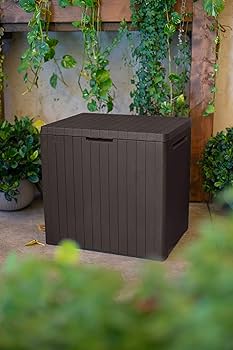 Keter City 113L Outdoor 96% Recycled Small Balcony Garden Furniture Storage Box Grey Wood Panel Effect | Fade Free | All Weather Resistant | Safe And On
