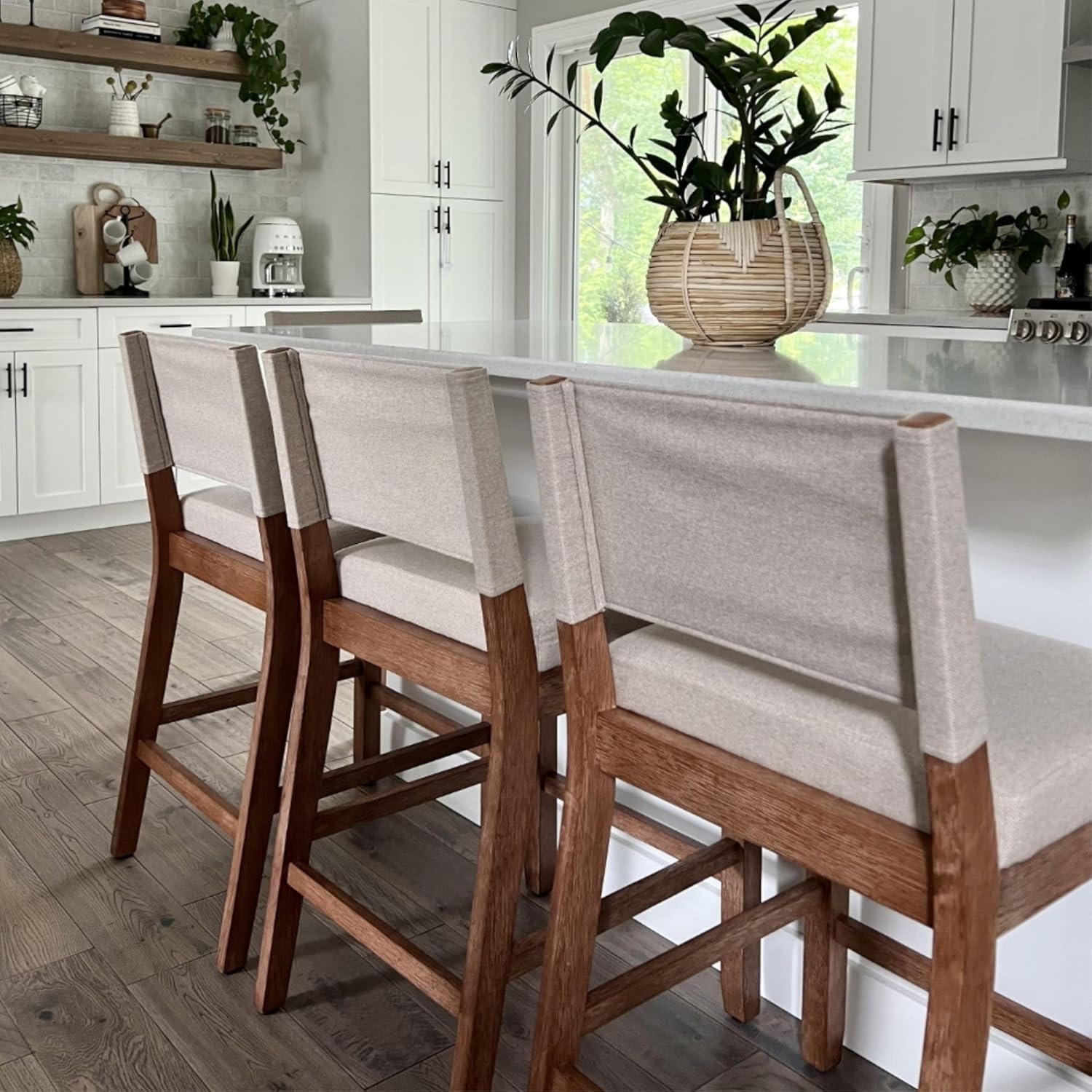 Nathan James Linus Modern Upholstered Counter Height Bar Stool with Back and Solid Rubberwood Legs in a Wire-Brushed Light Brown Finish, Natural Flax/Brown, Set of 2