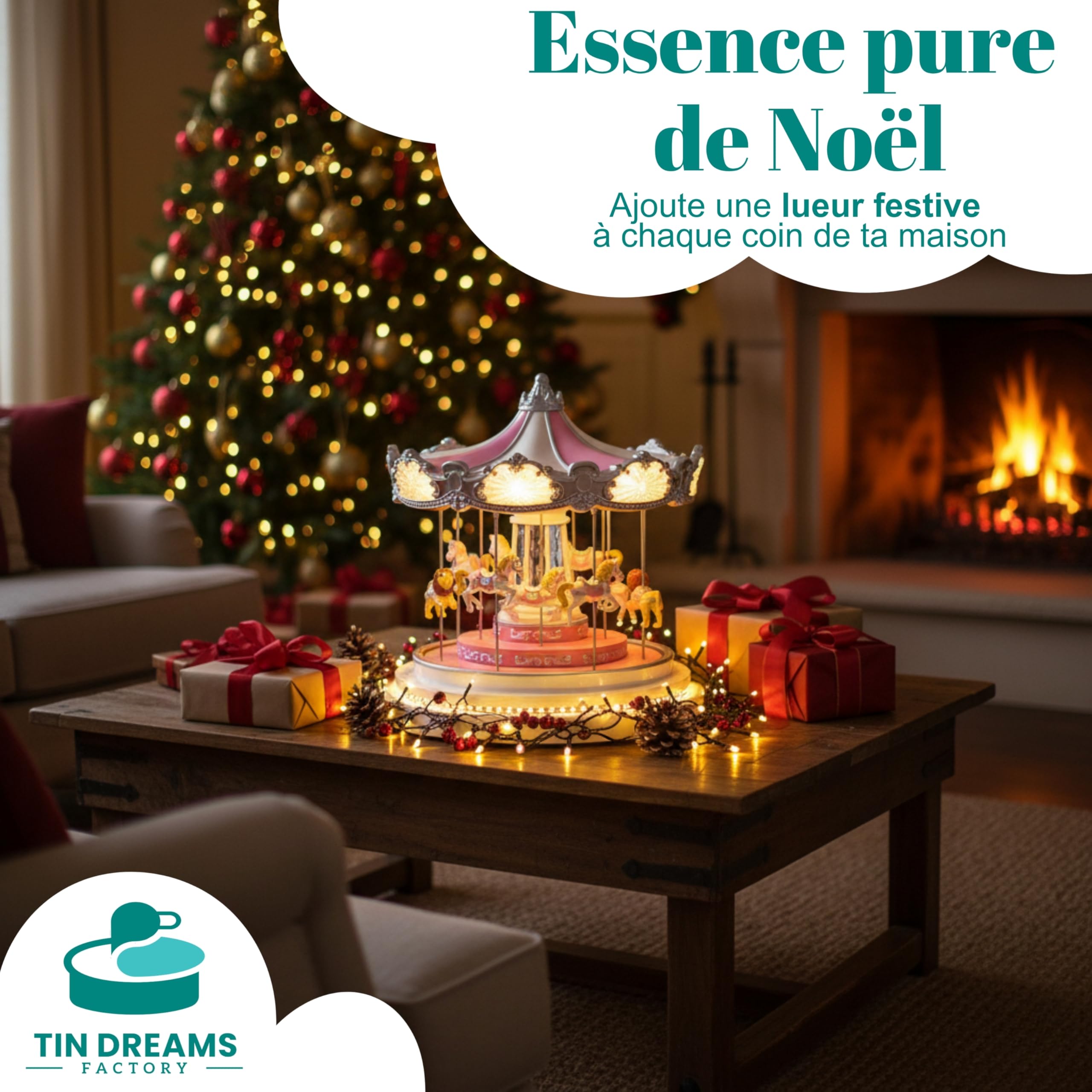 TIN Dreams | Grand Carrousel de Noël Musical avec Mouvement, Lumières LED et Bluetooth | Manège Décoratif | Petit Village de Noël, Scène Lumineux et Animé | Boîte à Musique Décoration Noël Intérieure
