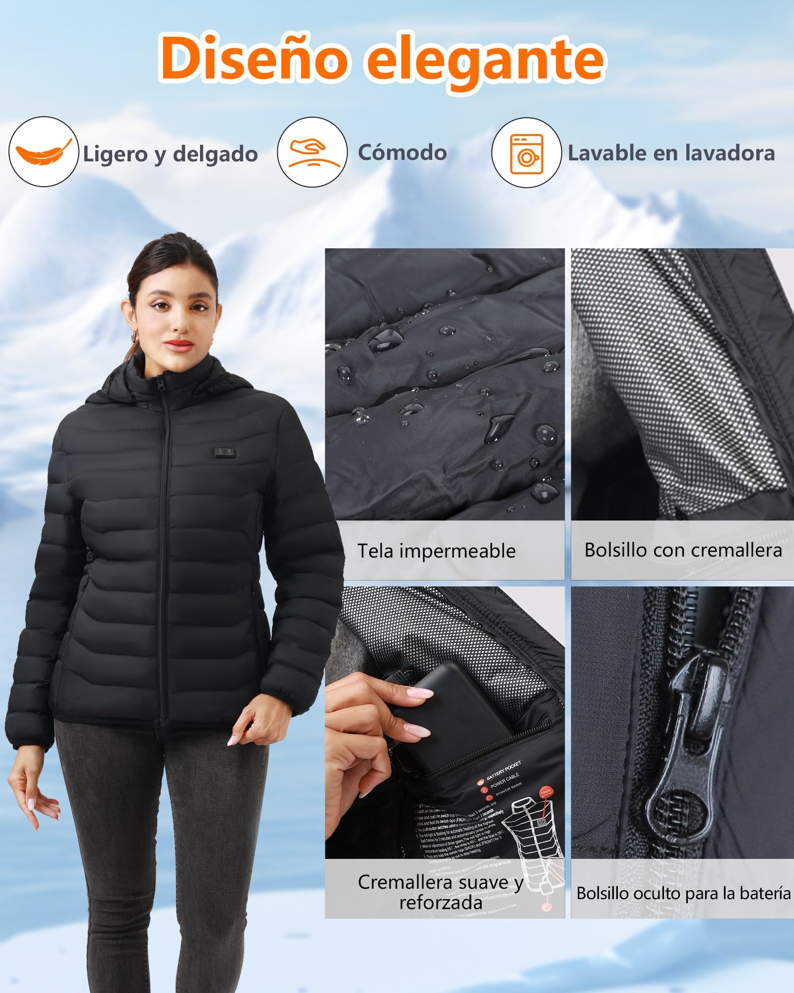 Chaqueta Calefactable Mujer con Batería 10000mAh, Chaquetas con Calefaccion con 5 Zonas, 3 Temperaturas, Control Doble, Ideal para Senderismo, Esquí y Acampar