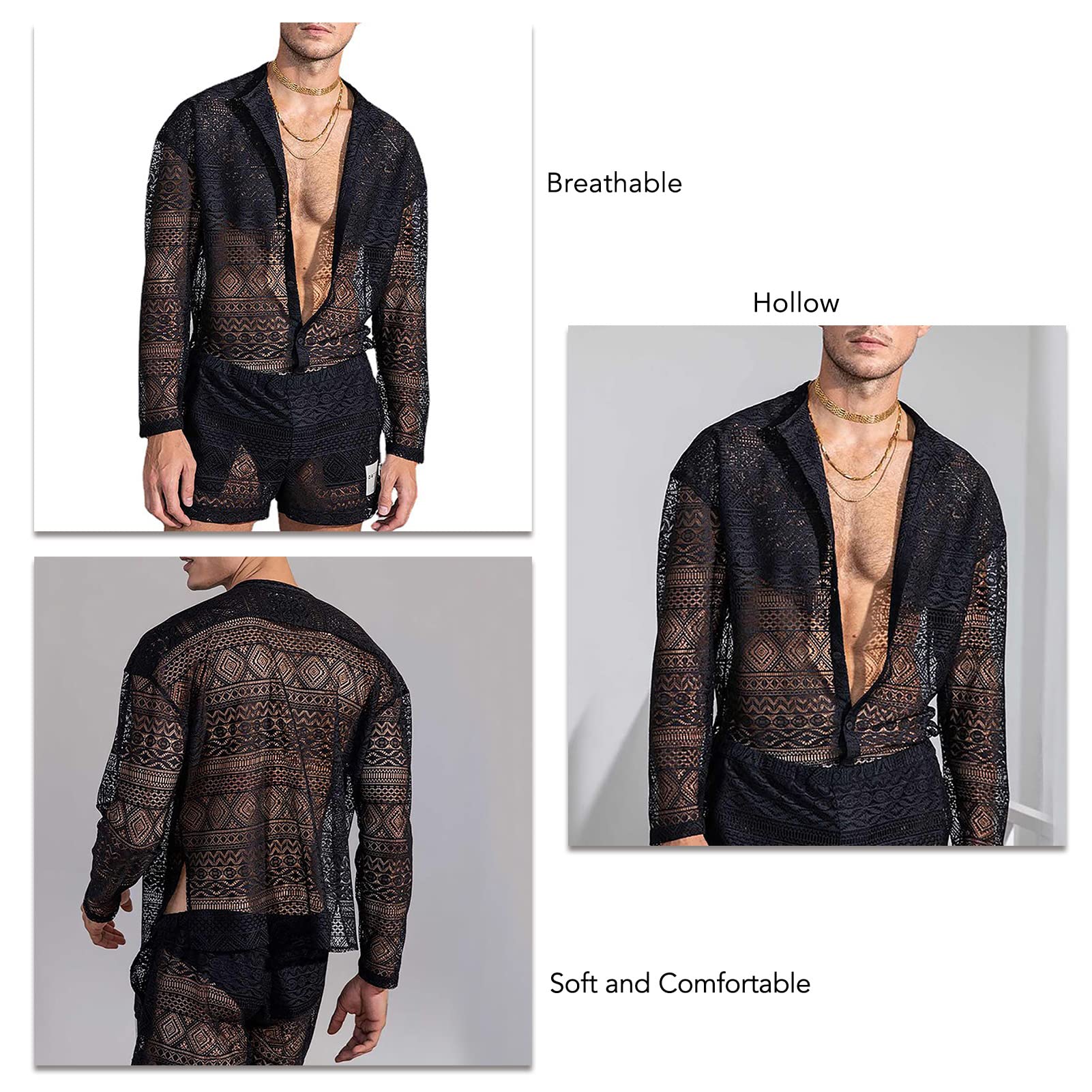Akozon Camicia e Pantaloncini da Uomo a Maniche Lunghe in Pizzo