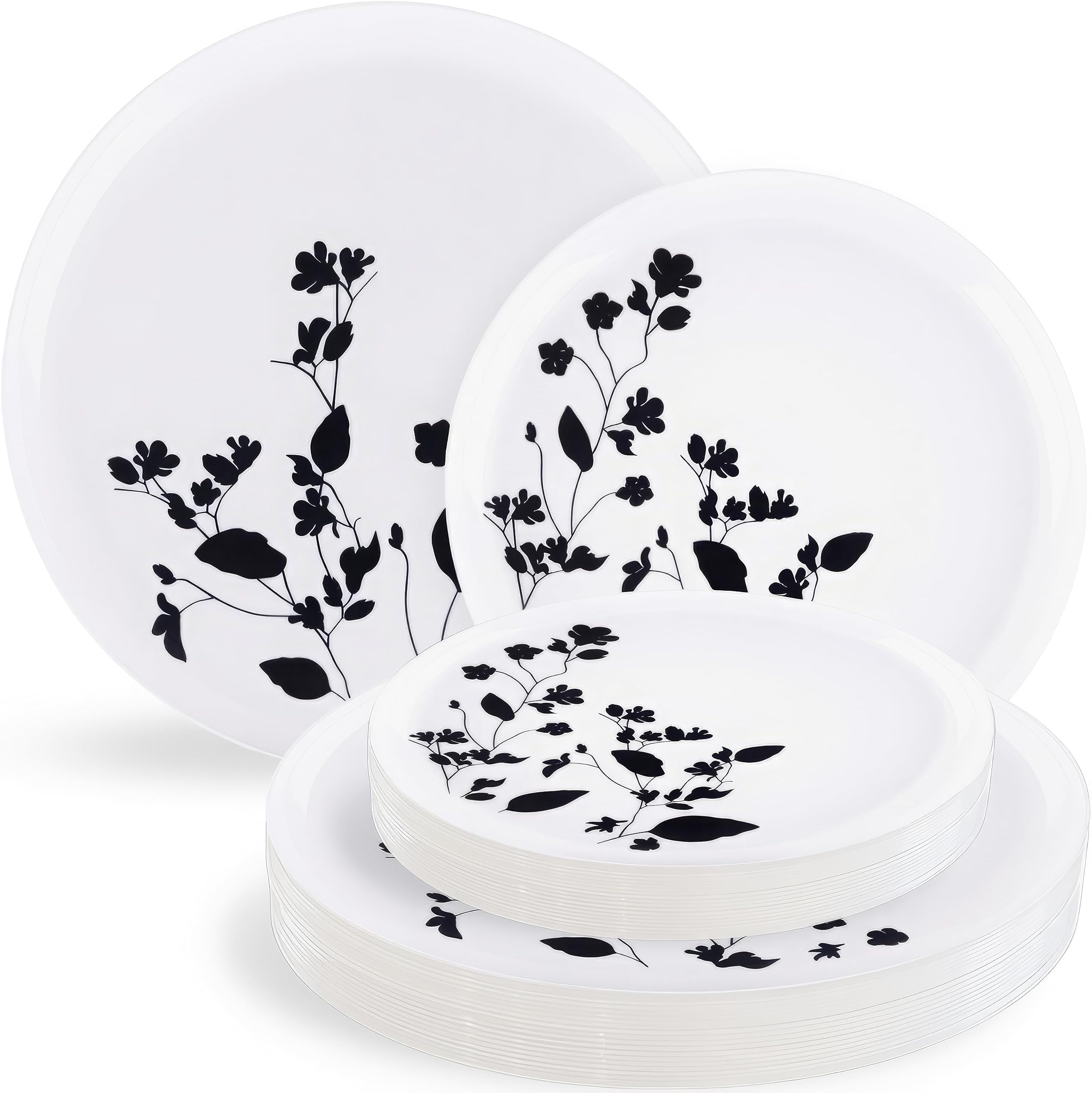 Blue Sky Garden Collection White With Black Garden Design Combo Plate Set - (8.6"- 10 count, 10.6-10 count) - Round, Disposable and Reusable Dinnerware for Parties and Events