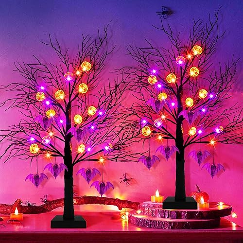 Paquete de 2 luces negras de árbol de Halloween de 24 pulgadas, 24 luces LED espeluznantes con luces de murciélago de calabaza naranja y morado,