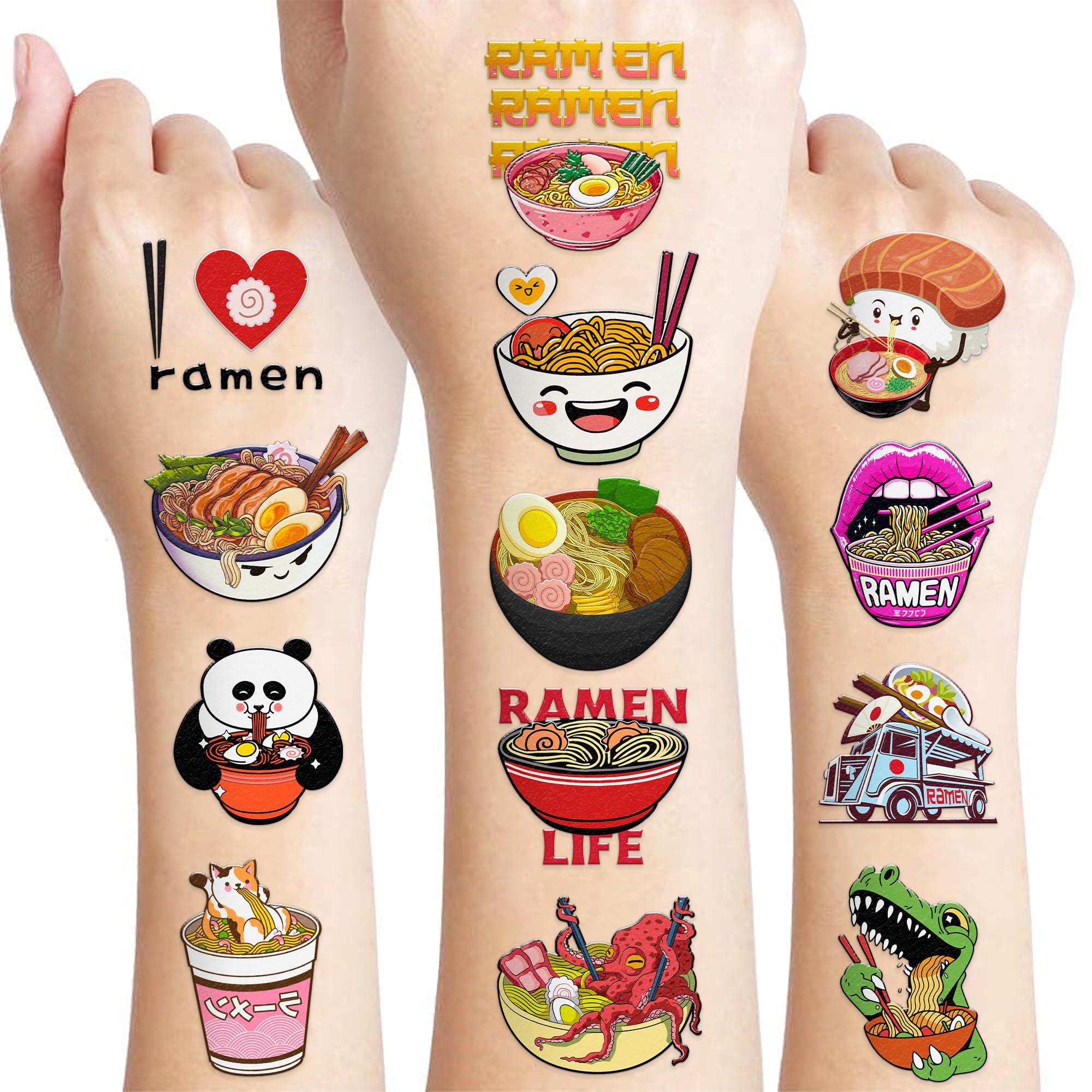 96 PCS Funny Ramen Pre-cut Temporary Tattoos Noodle Stickers Japanese Foodie Themed Party Supplies Birthday Decorations Favors Cute Fake Tattoo Gifts