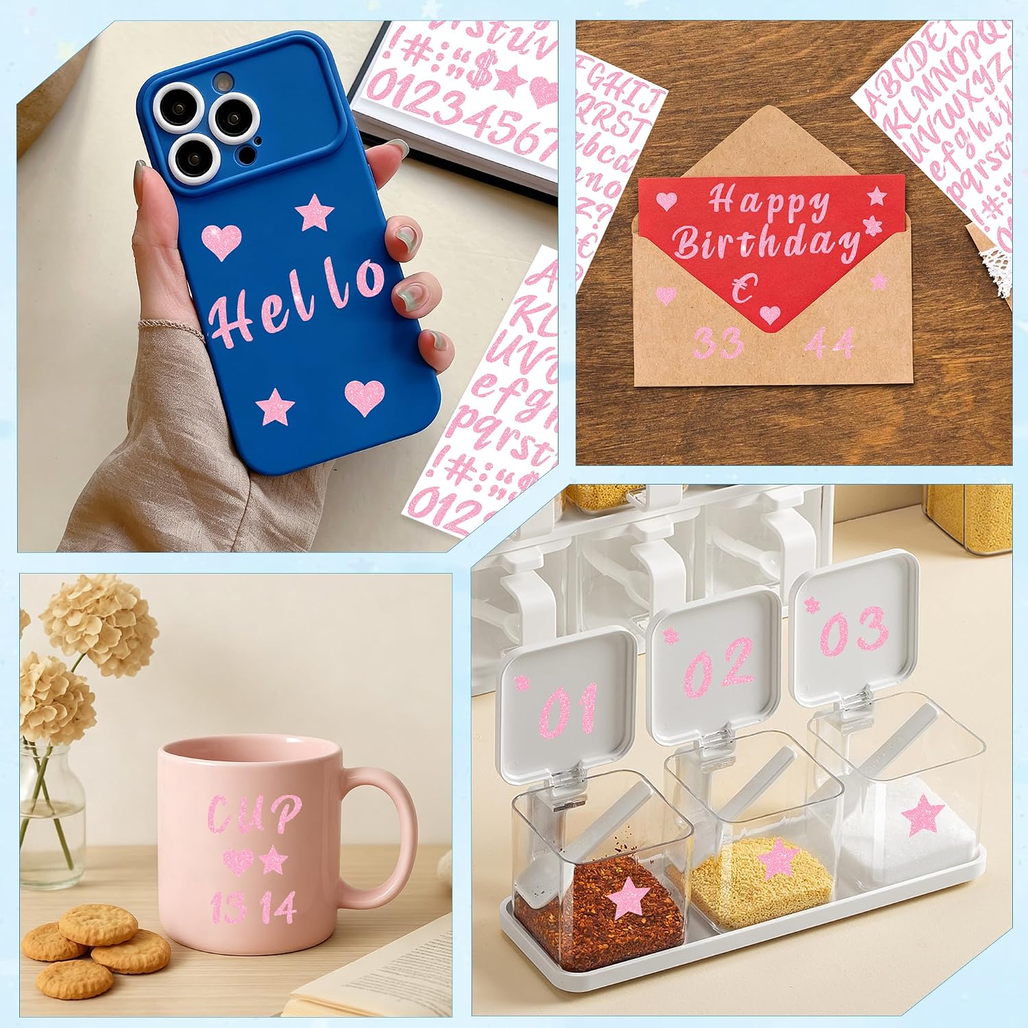 640 Pcs Letter Stickers,8 Sheets Glitter Alphabet Number Stickers (Pink)