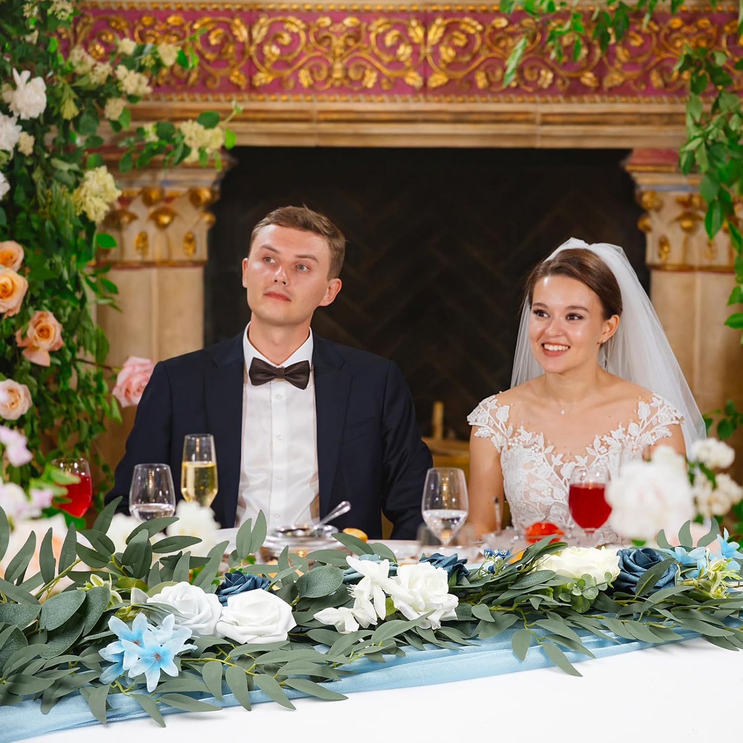 Dusty Blue Flowers Wedding Table Decor - Table Runner & Arch Backdrop with Eucalyptus & Blue Floral Garland
