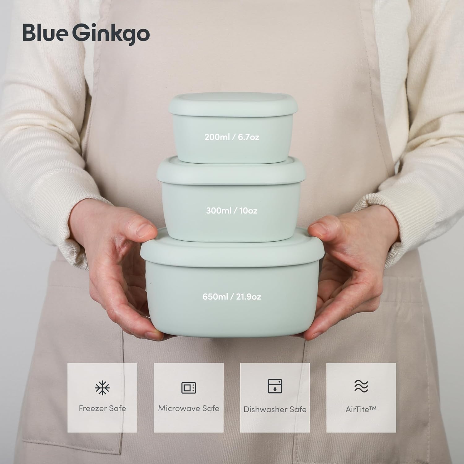 BLUE GINKGO Nesting Silicone Containers - Set of 3 Hard-Shell Silicone Food Storage Containers | BPA Free, Airtight, Dishwasher and Freezer Safe (6.7oz, 10oz, 20oz) - Green
