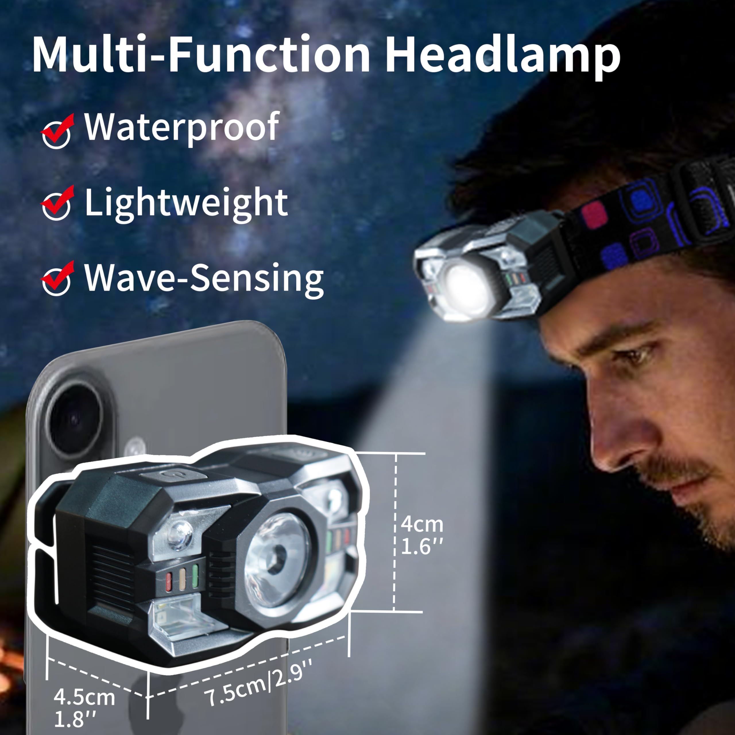 Smart Sensing Stirnlampe – 10 W LED-Scheinwerfer mit Wellensteuerung, COB-Zusatzlicht, rotes Warnlicht, Typ-C-Schnellladung, 15 Stunden Laufzeit für Camping/Angeln/Bergbau (tggyd001)