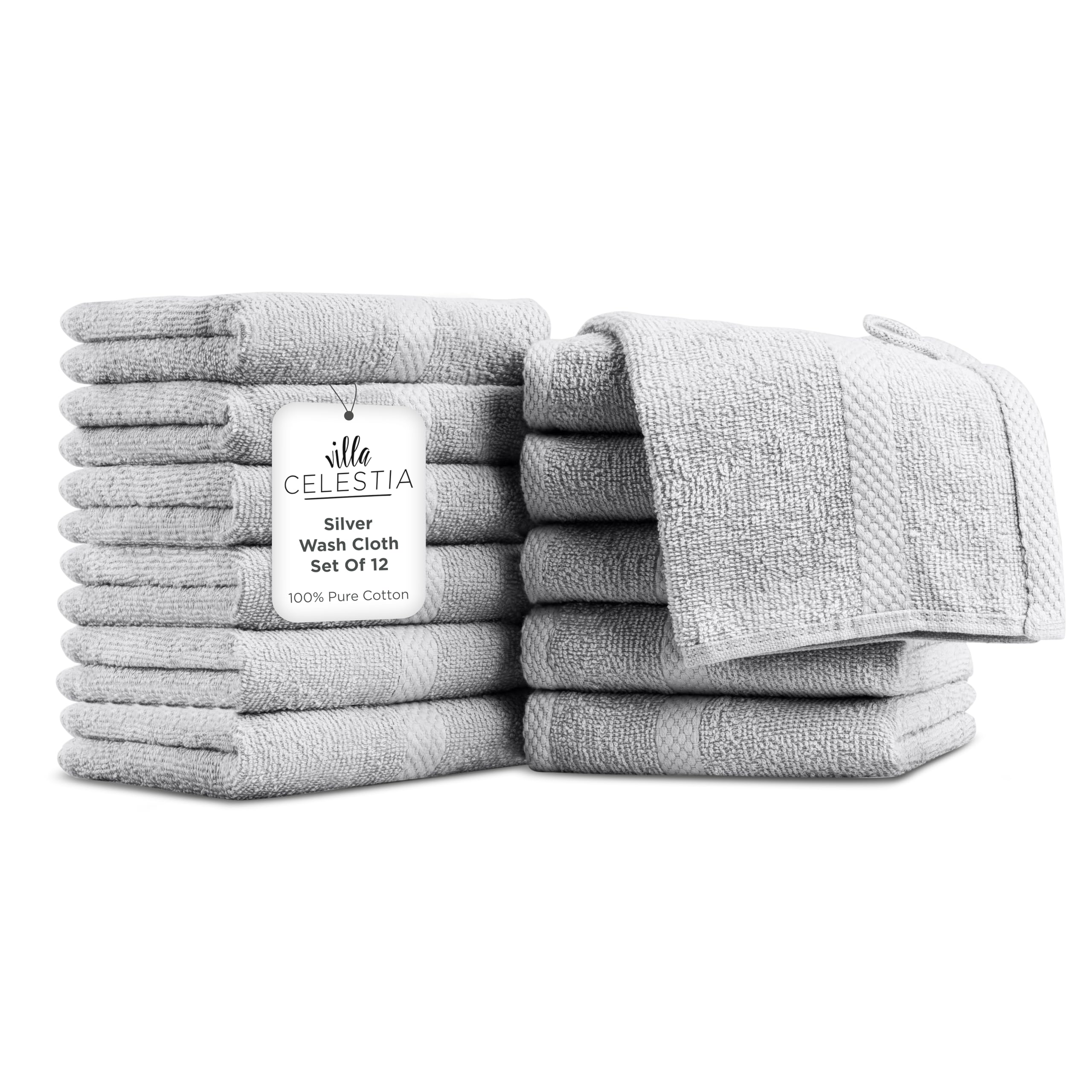 Villa Celestia Cotton Washcloths Set of 12, 12x12 Inch, 100% Ring-Spun Combed Cotton, Soft Absorbent Quick-Dry Wash Cloths for Face and Body, Oeko-TEX Certified, Hotel &amp; Spa Quality, Silver Grey