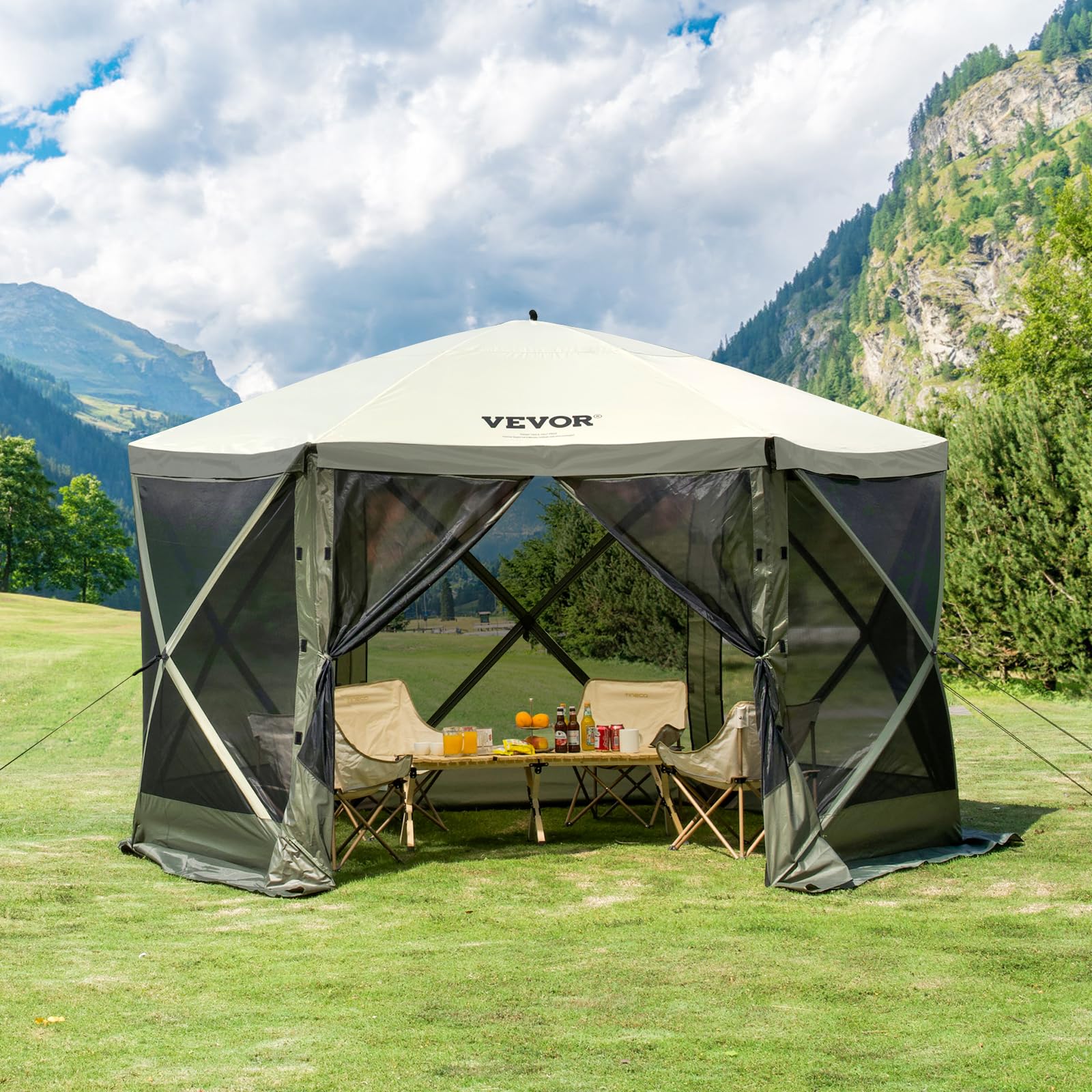 VEVOR Gazebo Pop-Up, Tenda con Schermo Pop-Up, Baldacchino su 6 Lati, Riparo da Sole 6 Panni Antivento Rimovibili Finestre in Rete, con Zanzariera Schermo a Montaggio Rapido 3,66 x 3,66 m Verde
