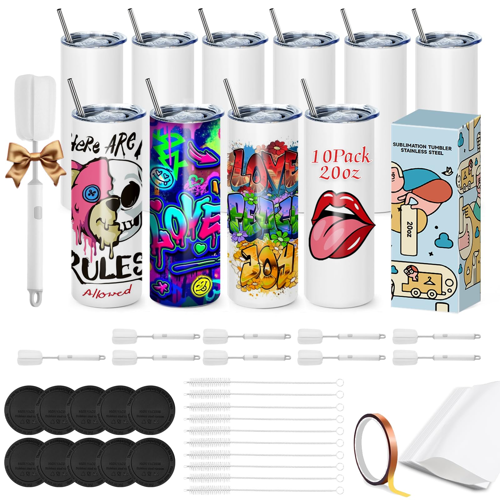 Paquete de 10 vasos de sublimación, tazas en blanco, botella de agua, vaso de acero inoxidable recto blanco de 20 onzas para máquina de prensado en caliente, impresión por sublimación(10PCS)
