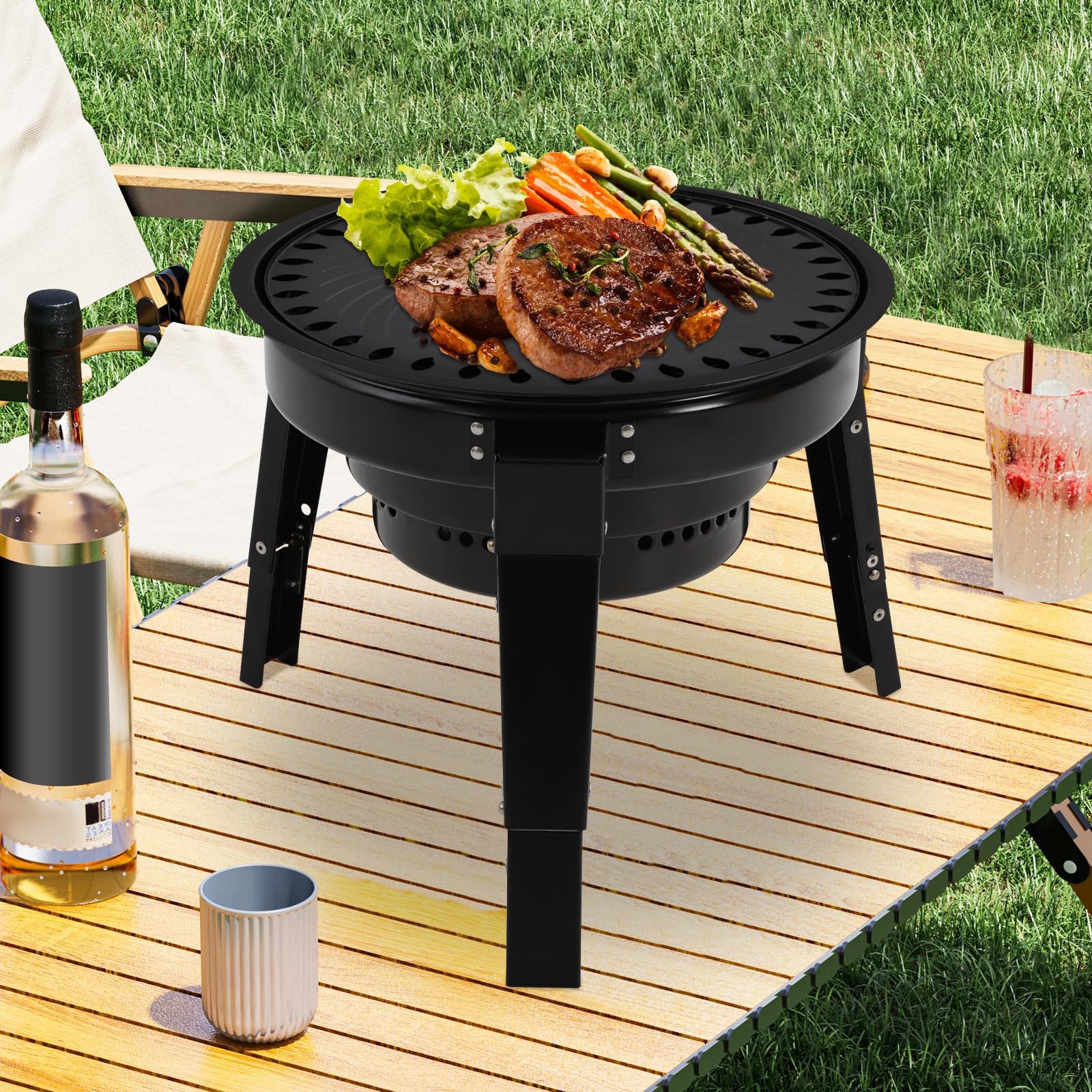 Barbecue portatile pieghevole a sfera, piccolo barbecue da tavolo a carbonella, in acciaio al carbonio, per campeggio e barbecue, mini barbecue con griglia e padella coreana