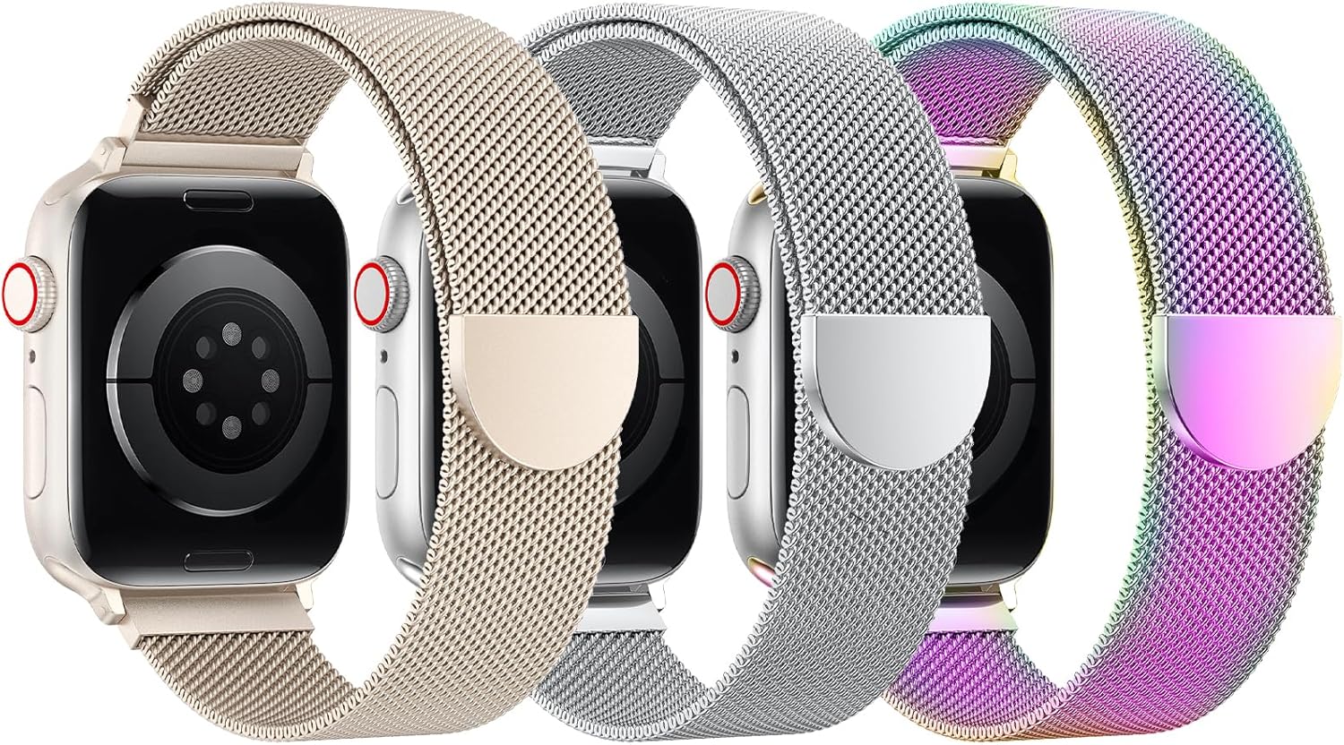 BELONGME 3 Pack Mesh Loop Compatible with Apple Watch Bands for Women Men 40mm 41mm 38mm 42mm 44mm 45mm 49mm 46mm Series 11 10 9 8 7 6 5 4 Ultra3 SE3 2, Stainless Steel Metal Magnetic Strap for iWatch
