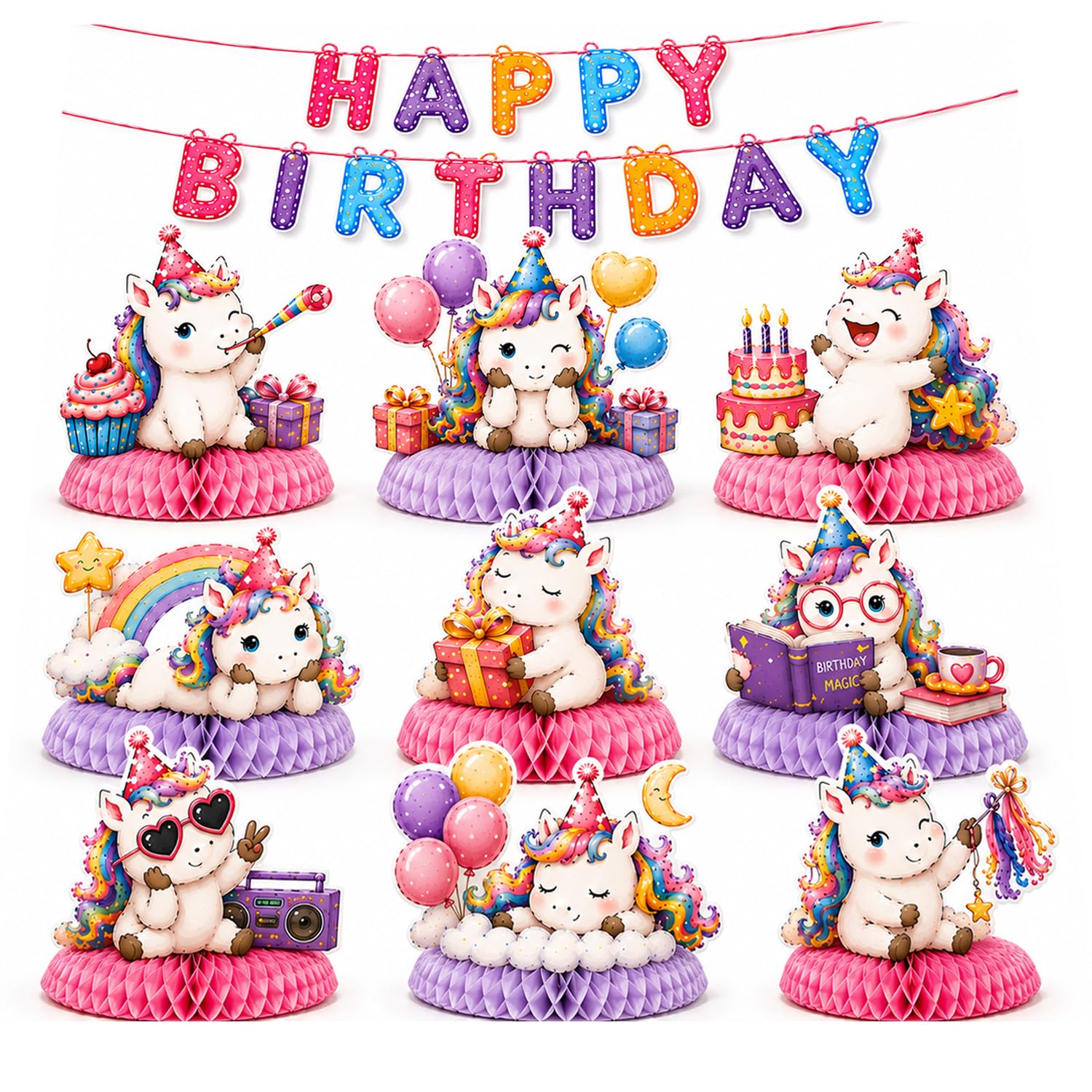 Tomkids 10 PCS Birthday Party Supplies Set, Table Decorations with Honeycomb Centerpiece and Banner for Kids Birthday Party Decor
