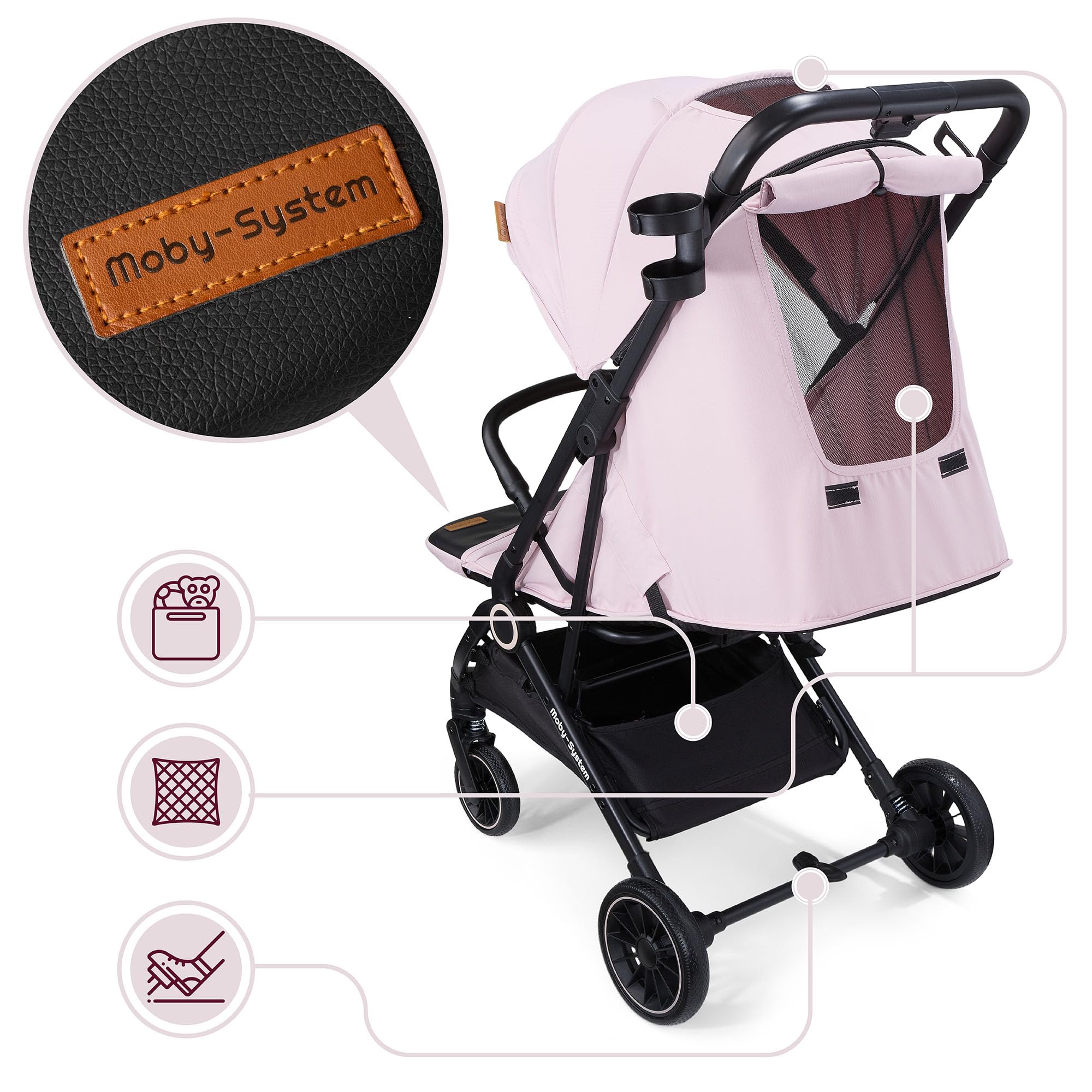 Moby-System LENA PINK PRO Poussette Canne avec Fonction Valise, Légère et Compacte 6–48 Mois, Roues EVA avec Suspension, Capote XXL, Pliage à Une Main, Rose