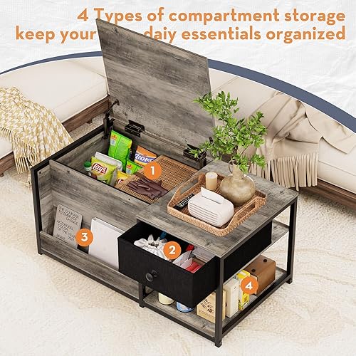 Miniatura 4 de SINPAID Mesa de centro con almacenamiento, mesas de centro rectangulares para sala de estar, mesa de centro de granja con compartimento de Gris