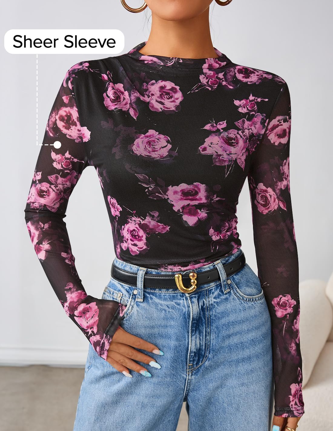 ZESICA Floral Long Sleeve Tops for Women Spring Mesh Mock Neck Ruched Fitted Shirts Going Out Blouses Trendy Clothes - Image 2