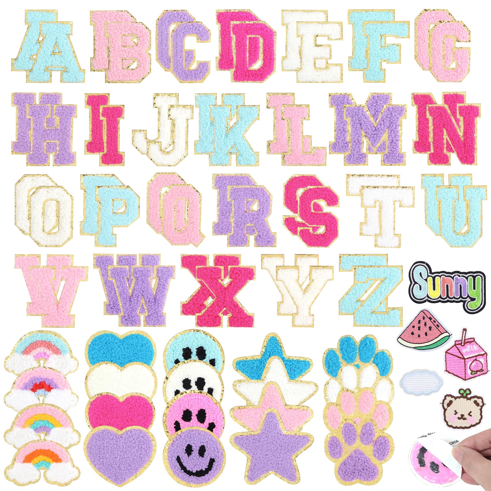 Ckysee 77 pcs Self Adhesive Chenille Patches, 52 A-Z Varsity 2.1 inch Letter Patches,25 pcs Cute Glitter Chenille Sticker for Clothes Hats Laptop