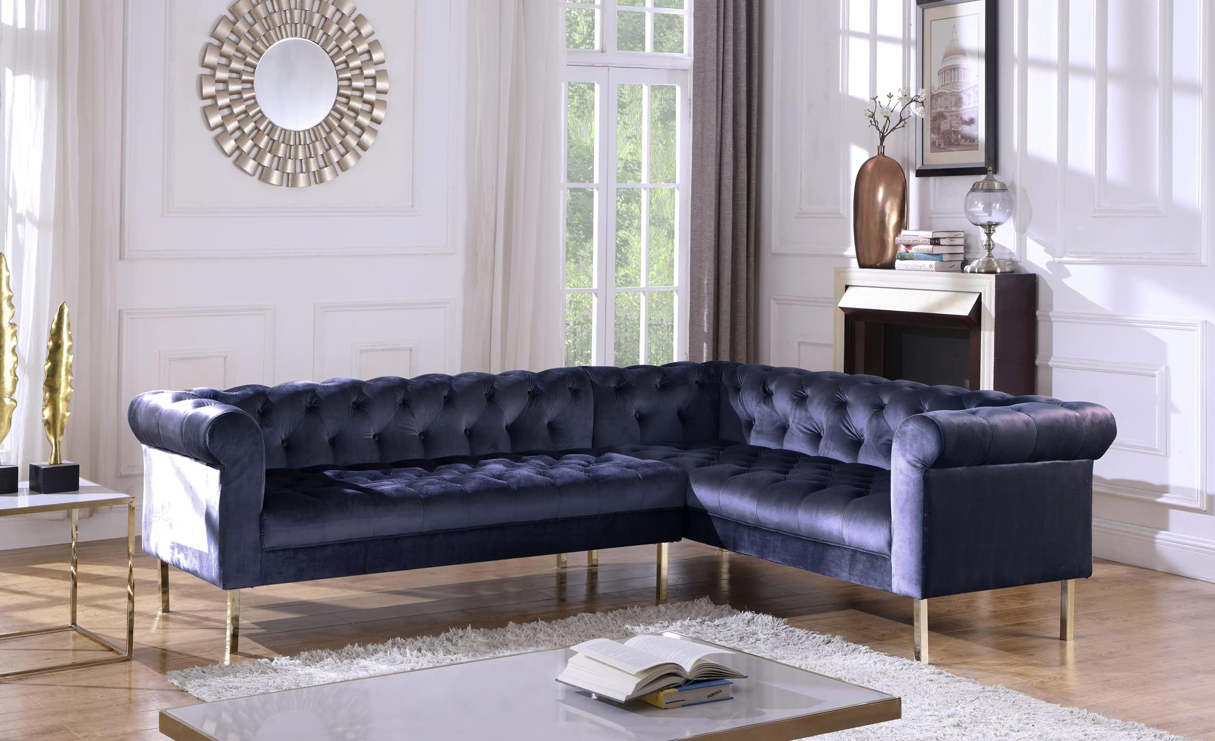 Giovanni Right Facing Sectional Sofa L Shape Velvet Upholstered Button Tufted Roll Arm Design Solid Gold Tone Metal Legs Modern Transitional Navy