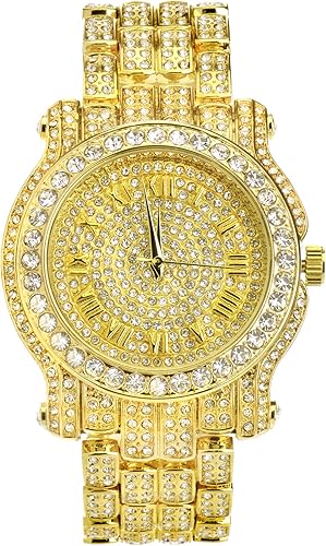 Miniatura 2 de Mens Iced Diamond Watch with Roman Dial and Bling-ed Out Adjustable Metal Strap - Quartz Movement - 14k Gold or Silver - Watch Bracelet Set or