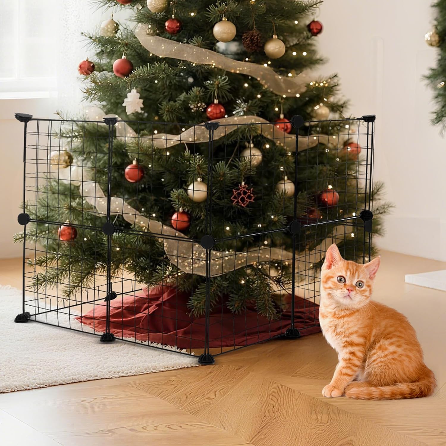 Yalikop 16 Pieces Christmas Tree Fences, Height 24 Inch Metal Christmas Tree Fence Barrier for Pets Dog Cat Xmas Black Gate for Holiday Office Home Decorations