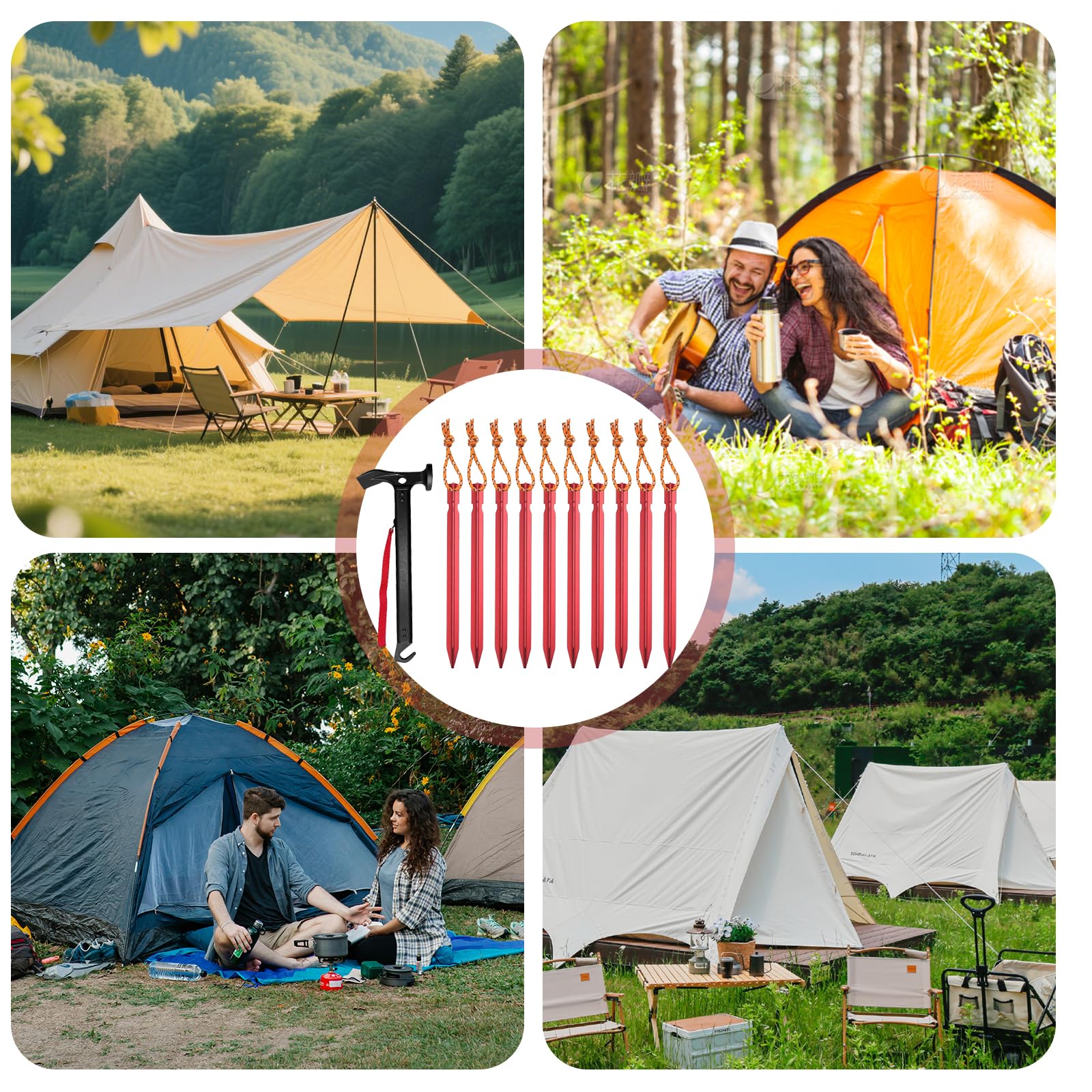 Marteaux de camping avec 10 piquets de tente : marteau de camping en aluminium robuste, facile à transporter, marteau de tente multifonctionnel, sac de rangement, pour le camping en plein