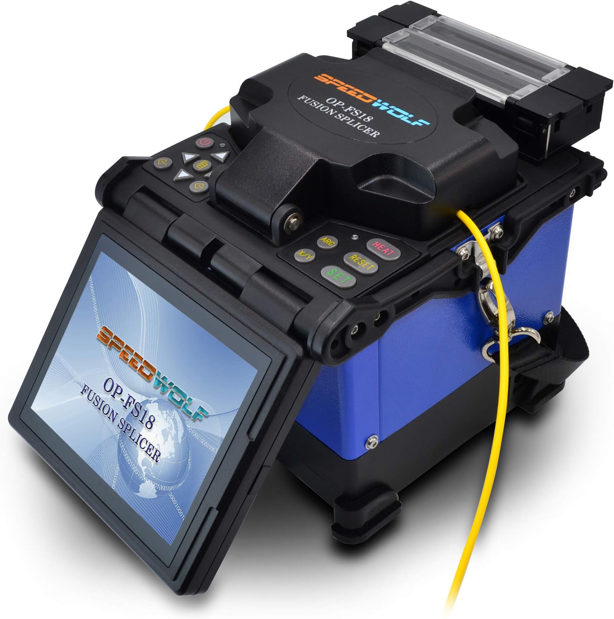 SPEEDWOLF 5" LCD Double Heating Core Alignment Optical Fiber Fusion Splicer Portable FTTH Optic Fiber Splicing Machine for SM/MM/DSF/NZDSF/ED Fibers with Fiber Cleaver and 6XElectrodes