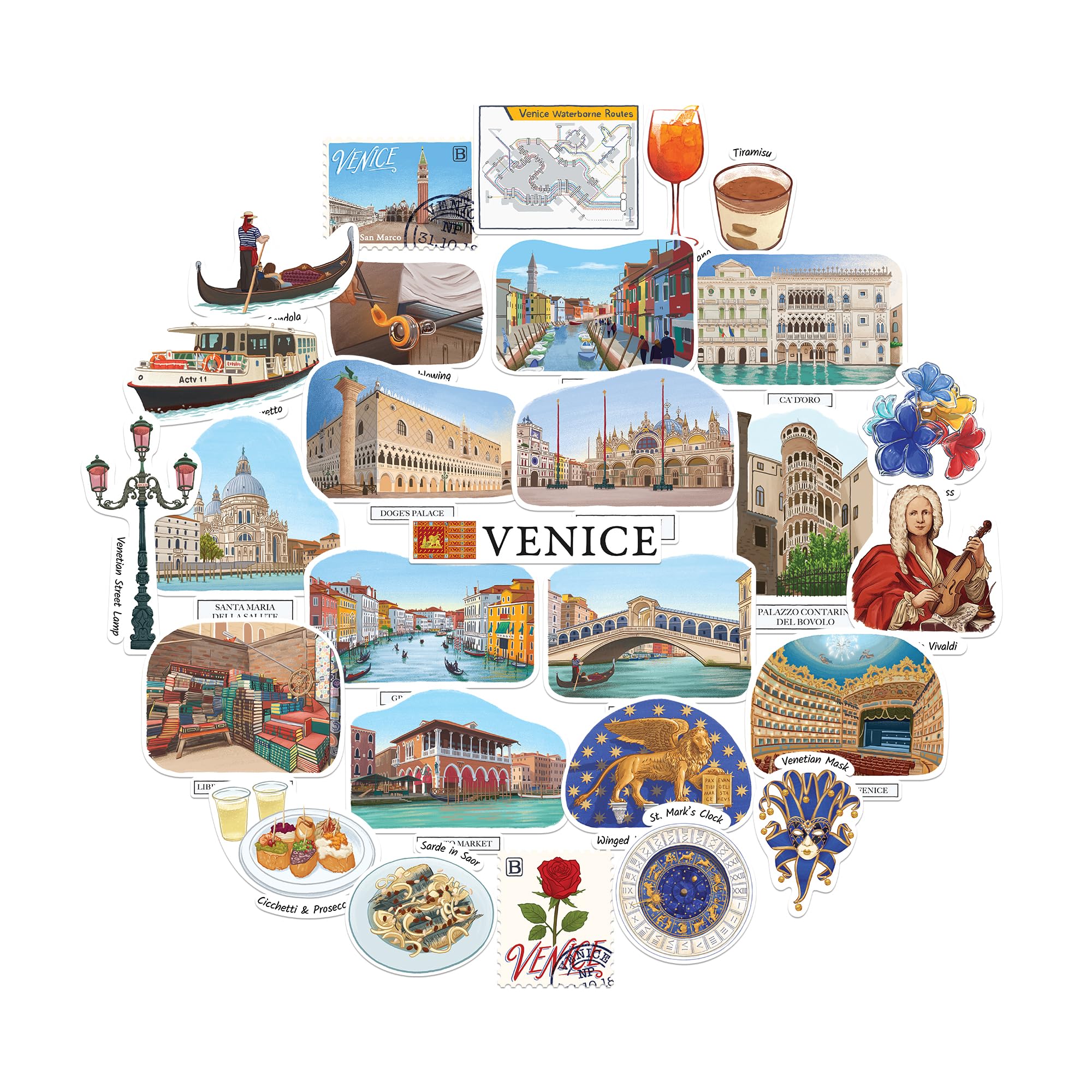 Navy Peony Velvety Venice Statement Stickers - Hand-Illustrated Gouache, Glossy, Waterproof - for Suitcases, Laptops, Water Bottles (28-Piece Set) — image 1