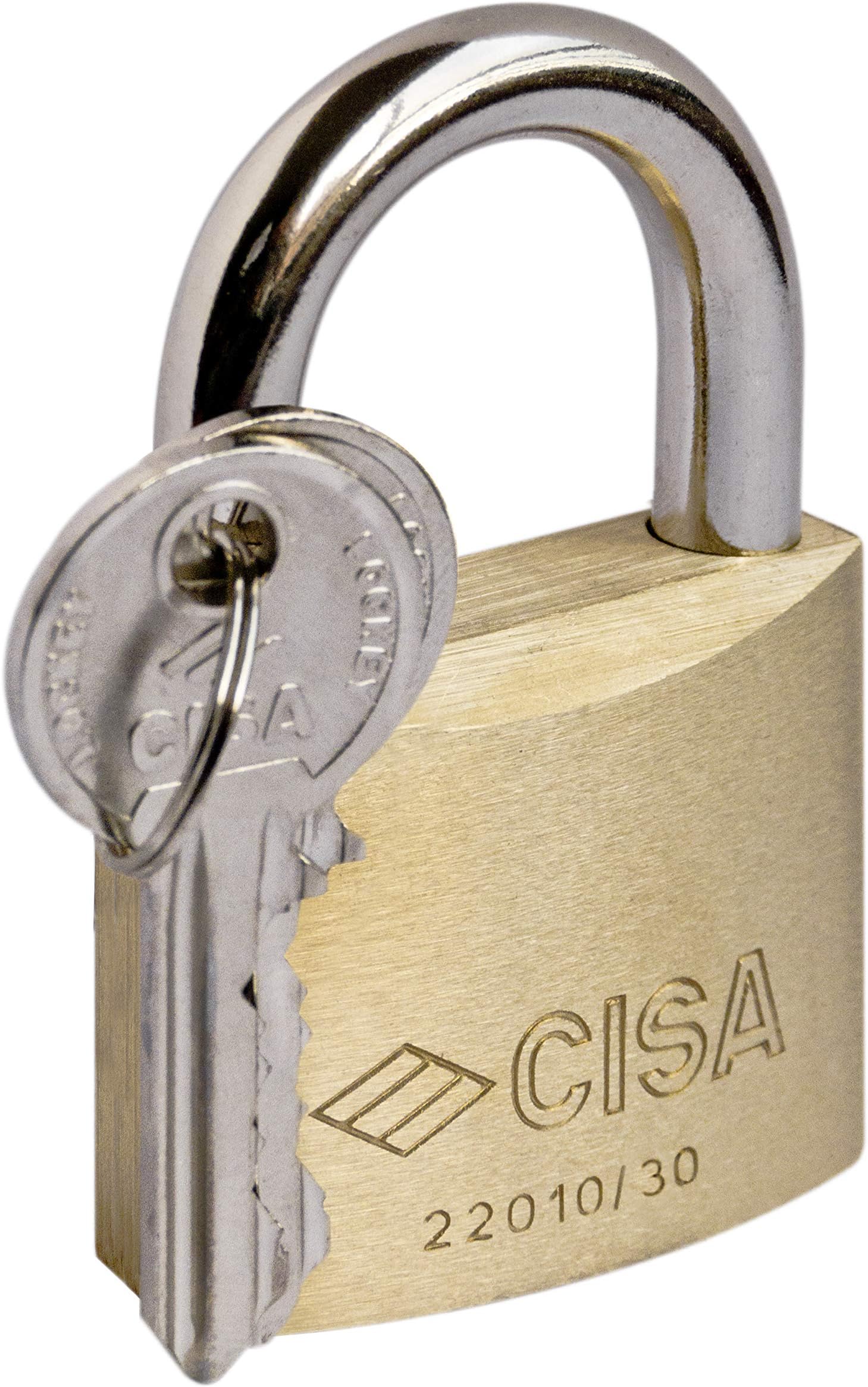 CISA Heavy-Duty Keyed Brass Hardened Shackle Weatherproof Padlock with Wide Lock Body for Security of Bags, Lockers and Windows