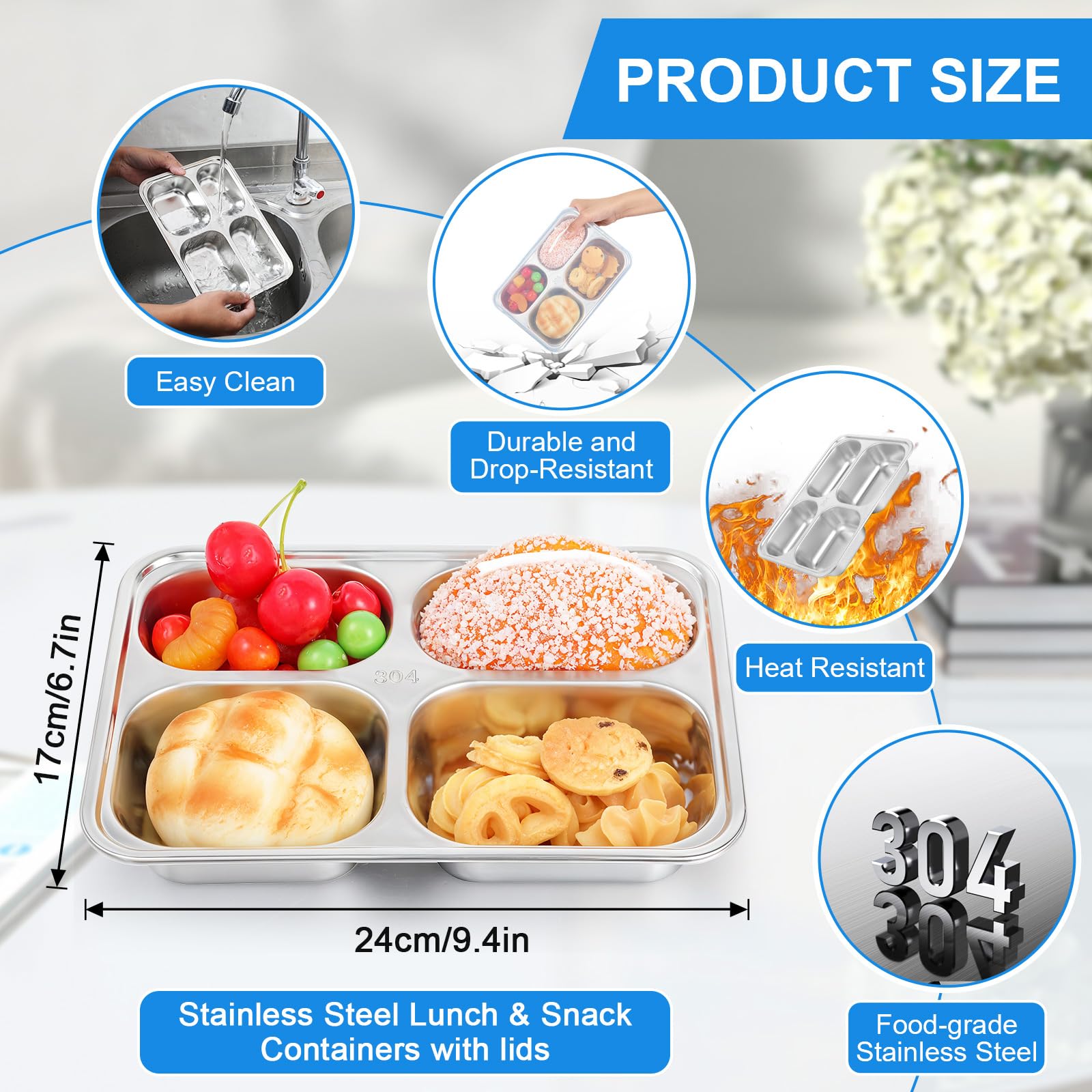 2 Pcs Stainless Steel Snack Containers with Lids, 4 Compartments Stainless Steel Lunch Box, Reusable Meal Prep Lunch Containers for Kids Adults, Divided Food Storage Containers for School Home Travel