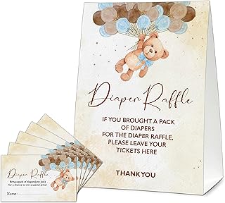 Bear Diaper Raffle Tickets For Baby Shower, Diaper Raffle Baby Shower Games, We Can Bearly Wait Baby Shower Decorations, Diaper Raffle Cards - 1 Sign With 50 Tickets Cards - B13