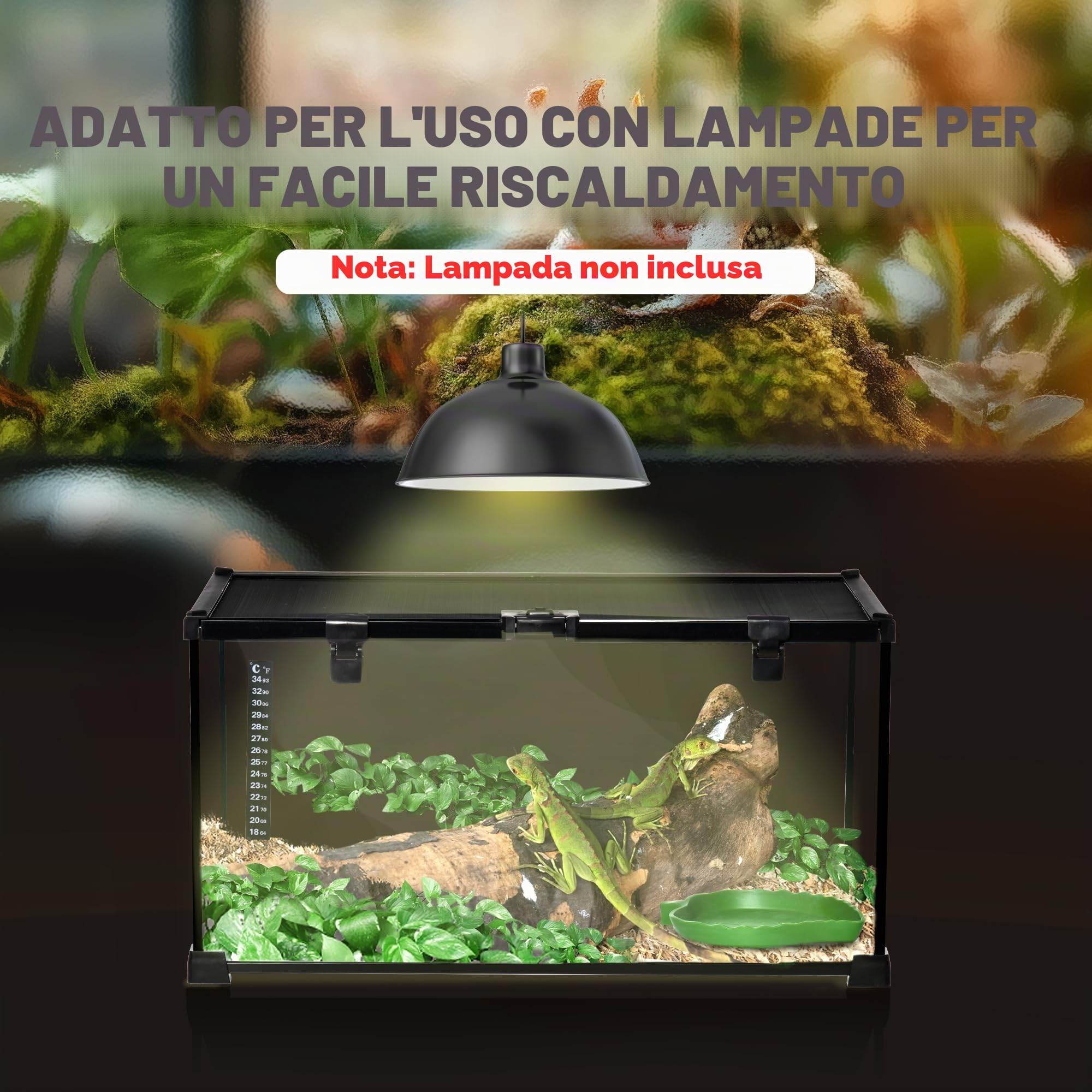 PawHut Terrario per Rettili e Anfibi in Vetro - Scatola di Alimentazione e Allevamento con Termometro - Metallo Nero, 50 x 30 x 25 cm